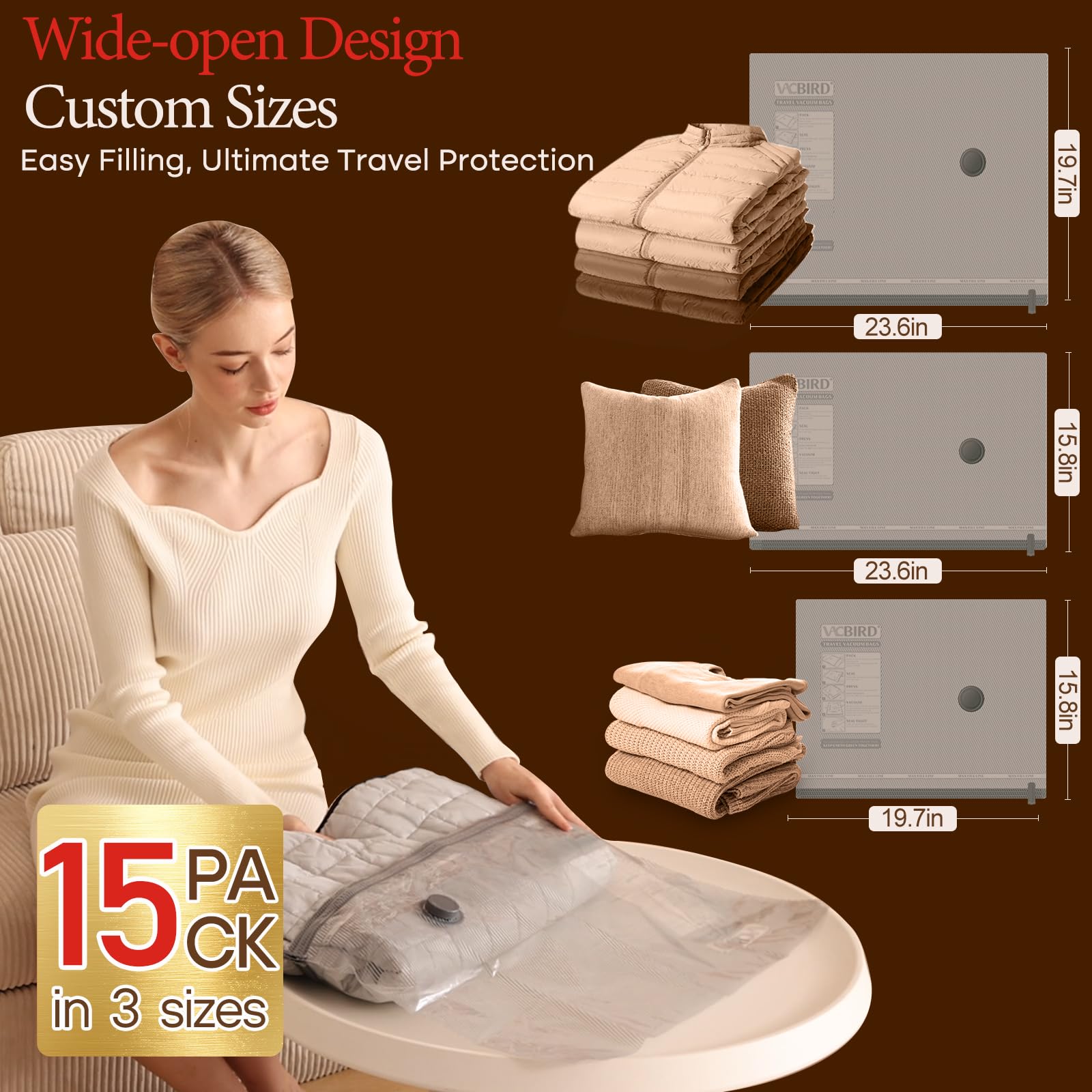 Vacbird Vacuum Bags for Travel with Rechargeable air Pump, 15 Pack Carry-on Size Compression Packing Bags for Luggage and Suitcase, Space Saver for Clothes and Clothing Travel