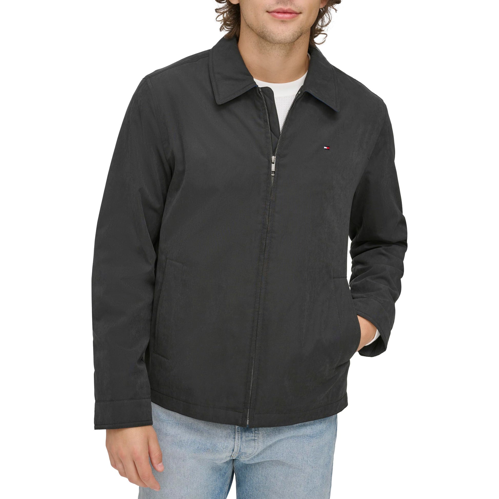 Tommy Hilfiger Men's Lightweight Microtwill Golf Jacket (Standard and Big & Tall), Deep Black, Large