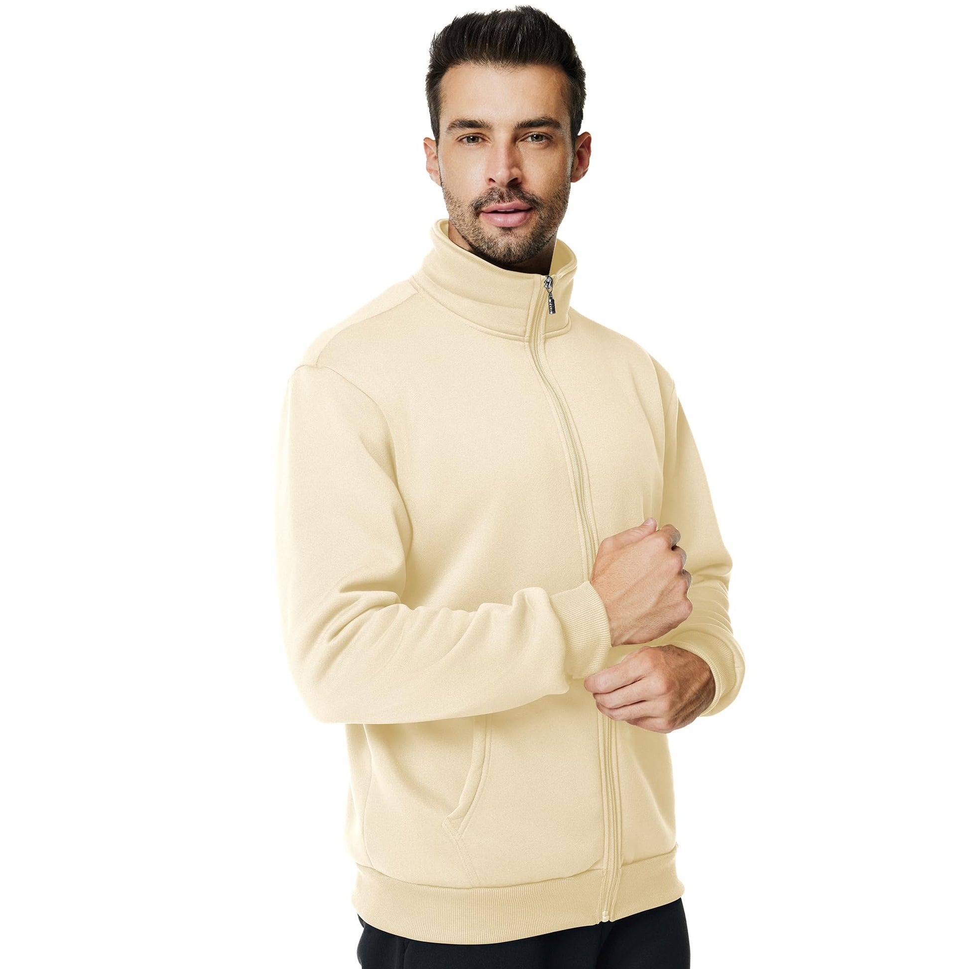 Men's Fleece Full Zip Up Sweatshirt Casual Lightweight Long Sleeve Mock Neck Jackets with Pocket(M,Khaki)