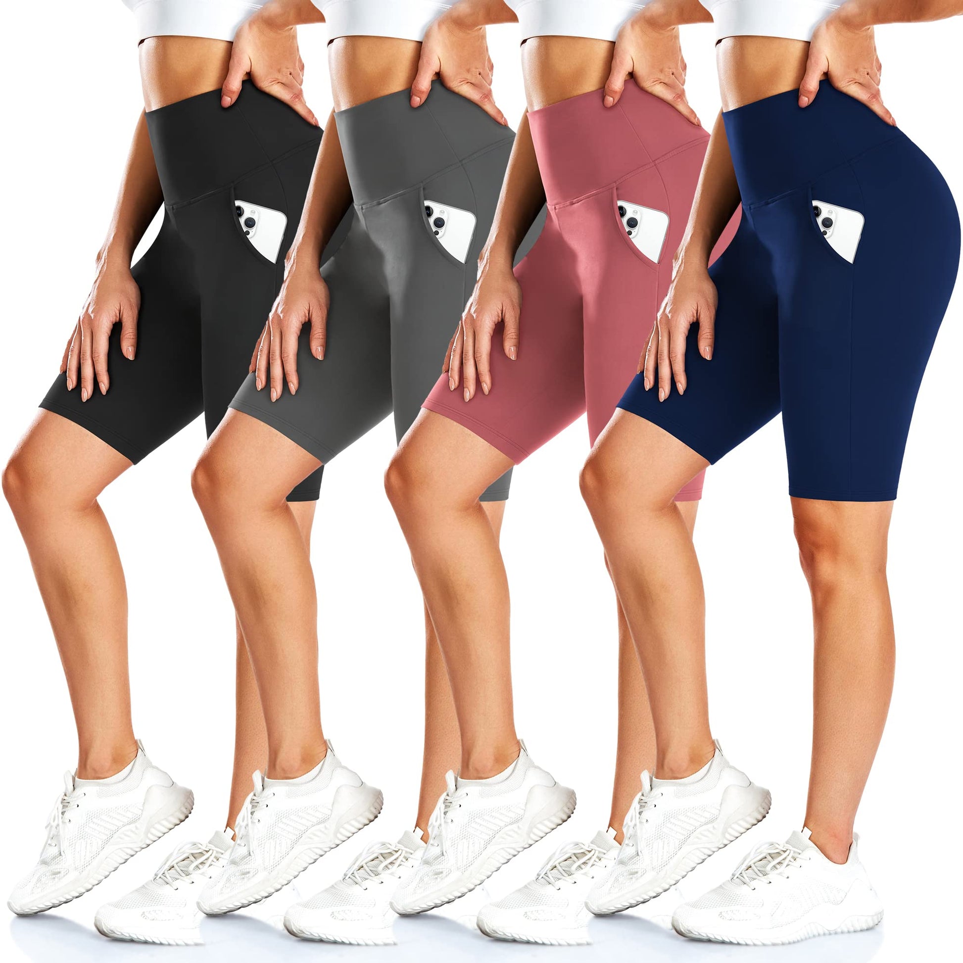 FULLSOFT 4 Pack Biker Shorts for Women – 8" High Waist Tummy Control Workout Yoga Running Compression Exercise Shorts with Pockets(4 Pack Black/Navy Blue/Grey/Pink,Small-Medium)