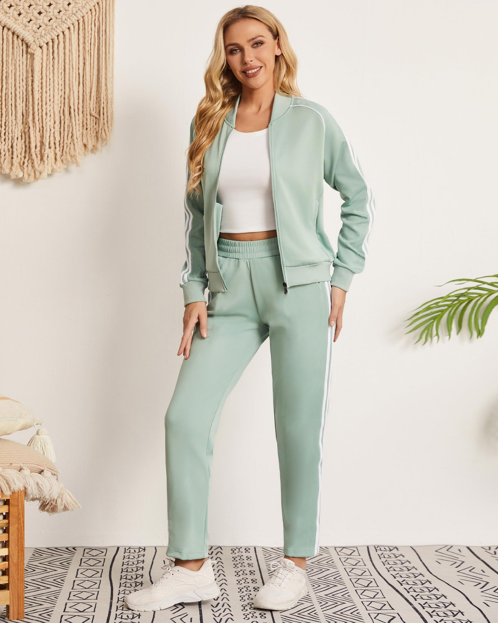 Women's Tracksuit 2 Piece Outfits Zip Striped Sportswear Long Sleeve Jogger Suits for Women with Pockets JW7011-L