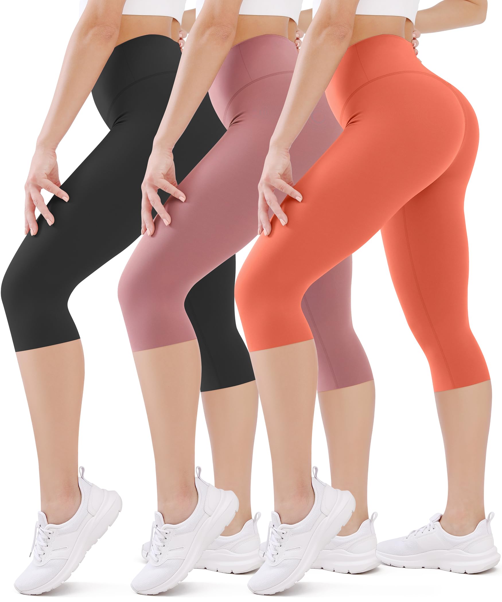 FEYHAY High Waisted 3 Pack Women's Capri Pants - Knee Length Yoga Shorts, Biker Workout Leggings for Women,Summer Activewear(Black/Pink/Orange Red, XXL)