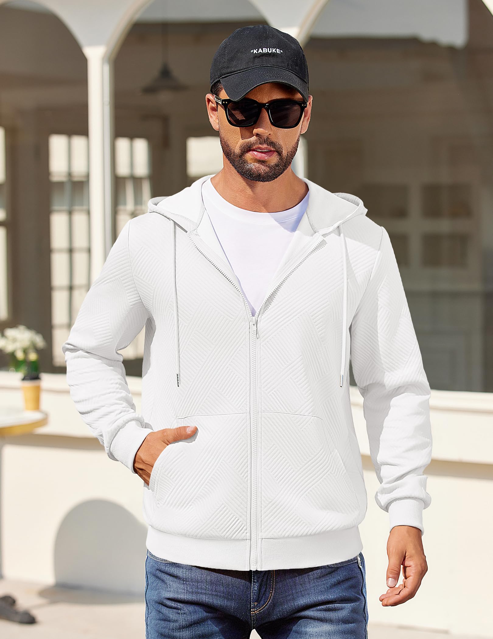 COOFANDY Zip Hoodies For Men Lightweight Zip Up Hoodies Long Sleeve Fashion Knit Hoodie With Pocket, White, Small