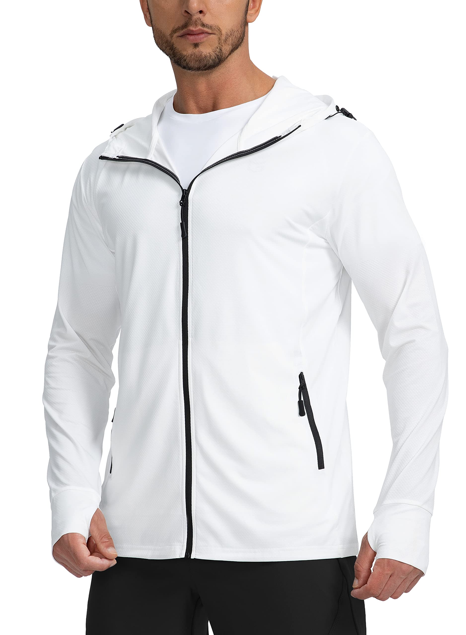 Men's UPF 50+ Light Jacket Full Zip Sun Protection Hoodie Long Sleeve Sun Shirts for Men Hiking Fishing Zip Pockets(White_L)