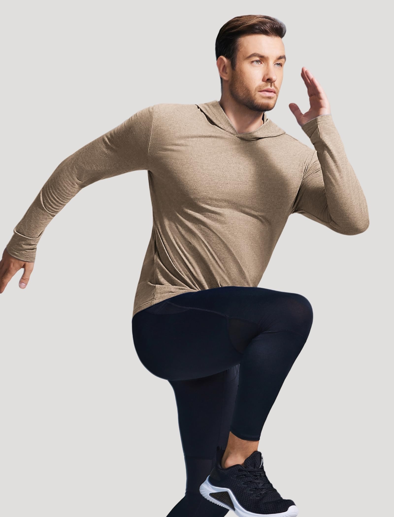 PINSPARK Men's Active Long Sleeve Hoodie Pullover Lightweight Sweatshirts Quick Dry Running Hiking Shirts Khaki