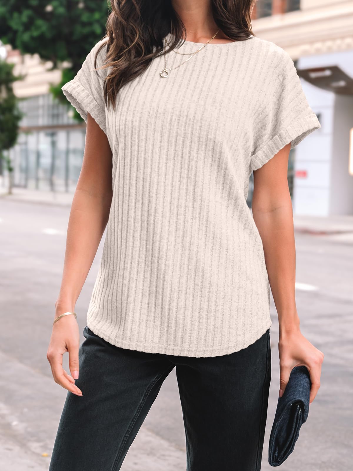 AUTOMET Women Shirts Fall Sweaters Regular Fit Short Sleeve Tunic Tops 2025 Dressy Casual Business Blouses Apricot L