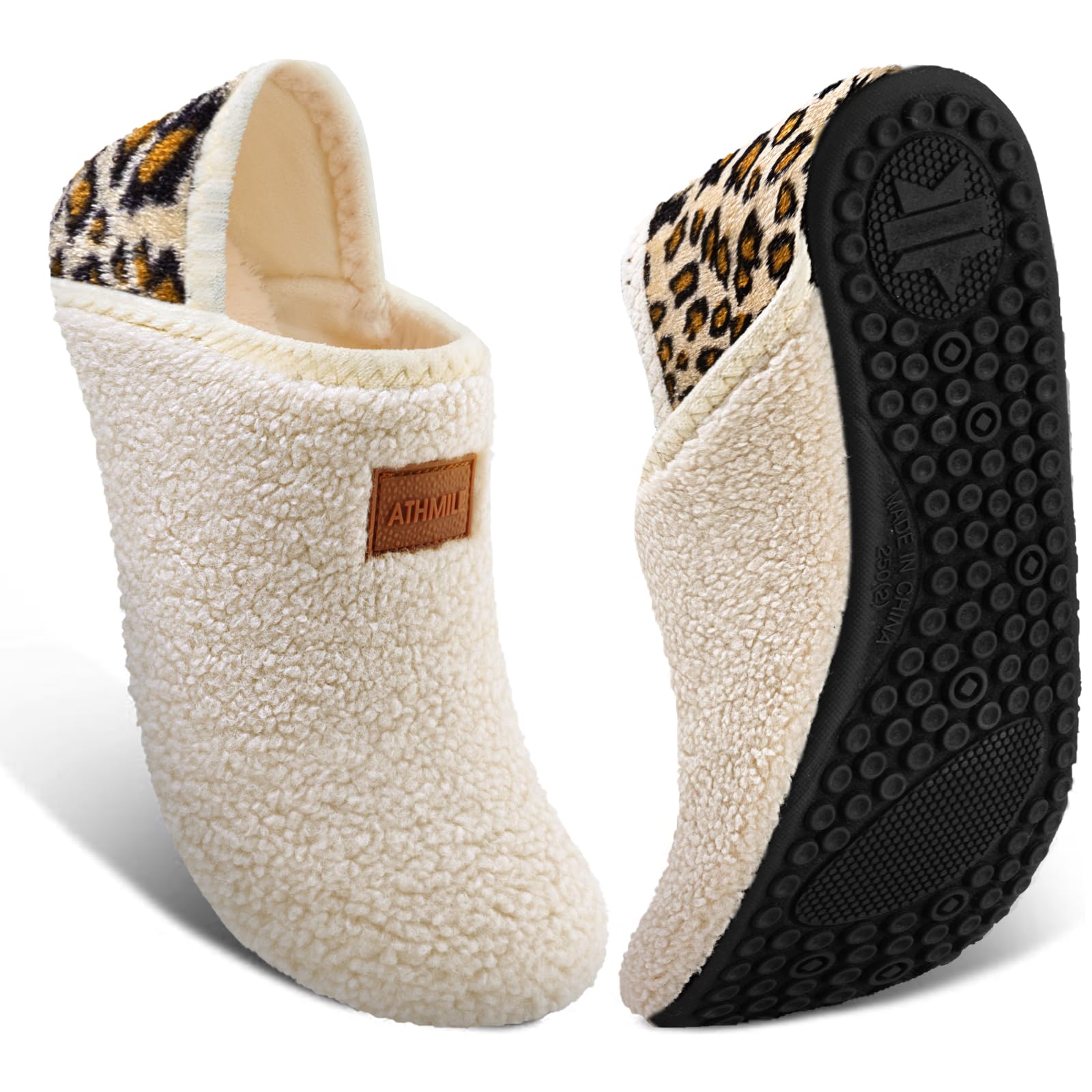 ATHMILE House Slippers for Women Men Indoor Barefoot Slippers Socks Furry Slip on House Shoes Cozy Comfy for Home Bedroom Travel Yoga Women 6.5-7.5 Beige Leopard
