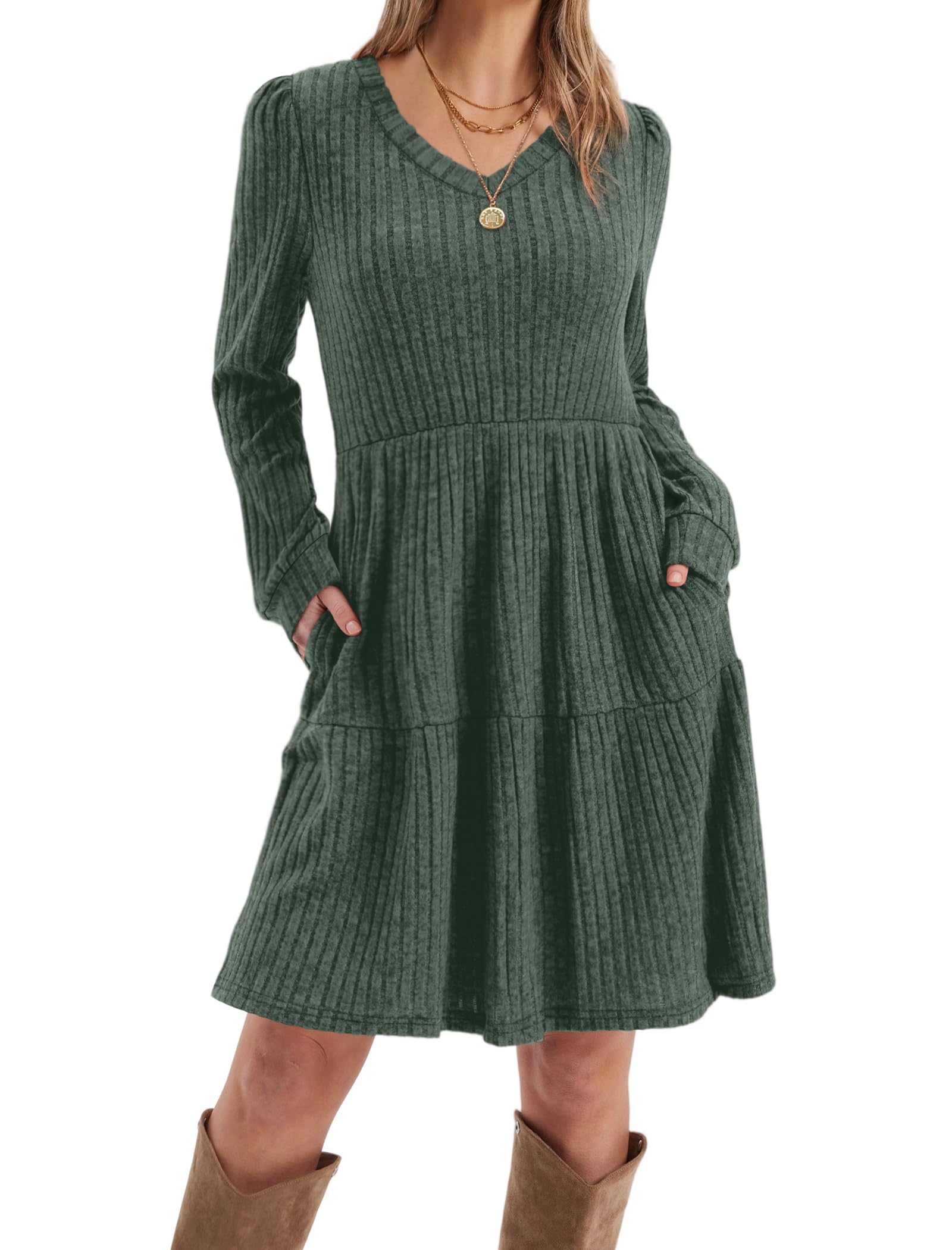 SAMPEEL Womens Dresses V Neck Casual Christmas Long Sleeve Winter Anthropologie Sweater Dress with Pockets 2025 Green M
