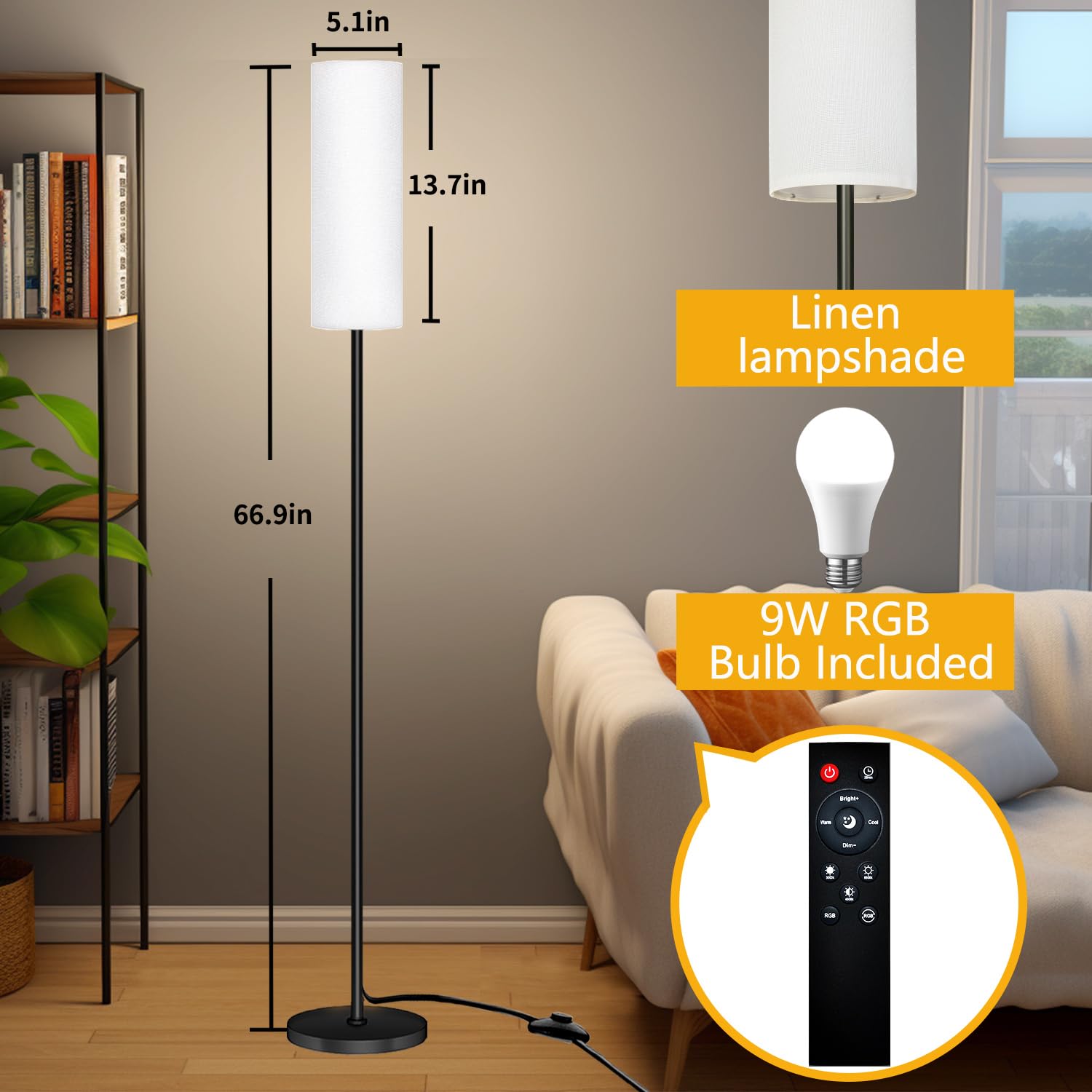 Qaubauyt Smart LED Floor Lamp with APP Control & RGB Colors - Dimmable Standing Lamp for Living Room, Bedroom, Gaming - Remote, Timer, 9W Bulb Included, 67" Modern Tall Lamp (White)