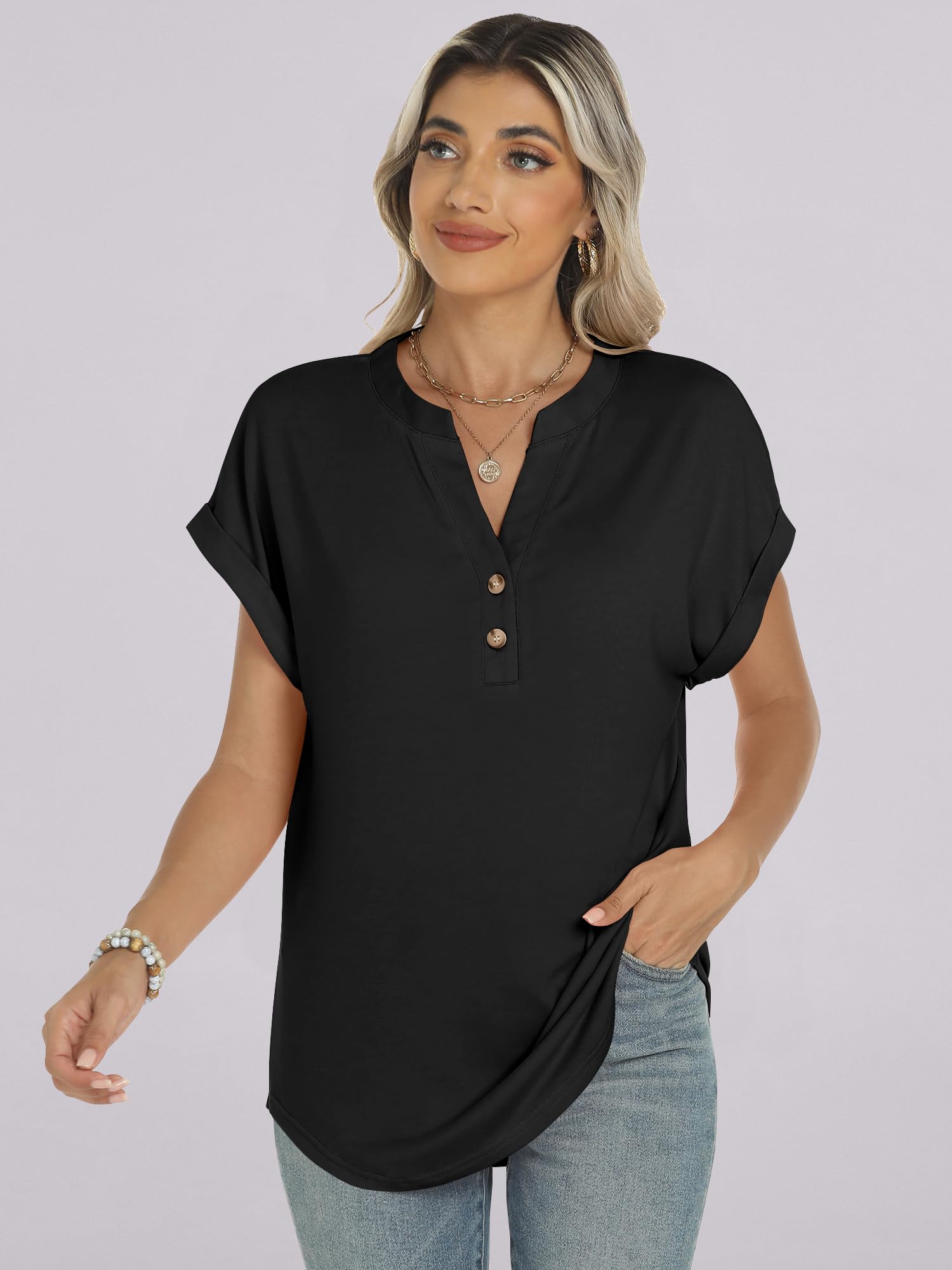 ANRABESS Womens Short Sleeve Henley Tops V Neck Dressy Casual Blouses Summer Trendy Tee Shirts 2025 Vacation Fashion Clothes Black L