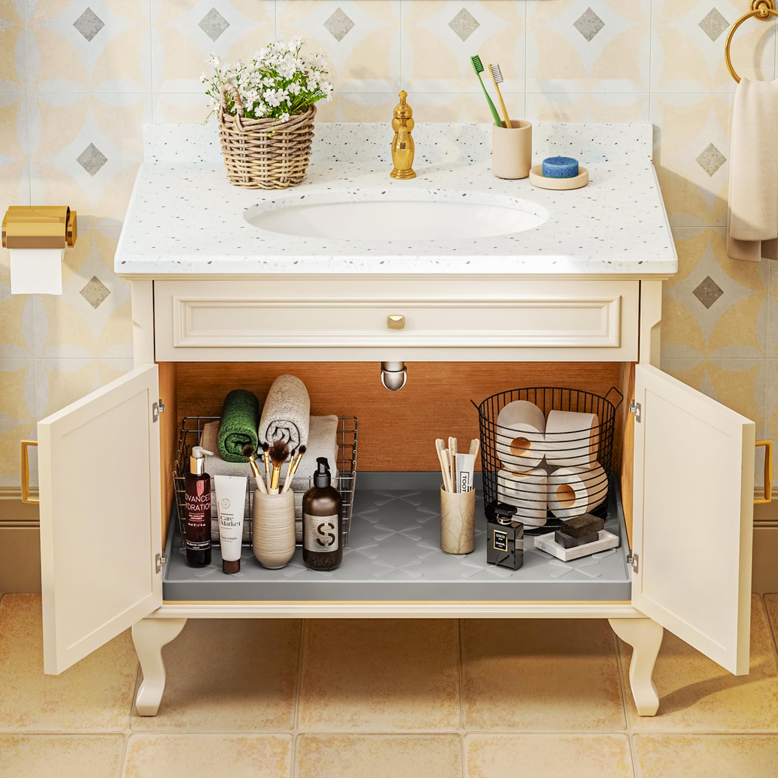 SIKADEER 34" x 22" Under Sink Mat Waterproof, Silicone Mat Kitchen Drawer Shelf and Cabinet Liner, Sink Protector for Kitchen Organizers and Storage, Boot Tray Pet Food Mats