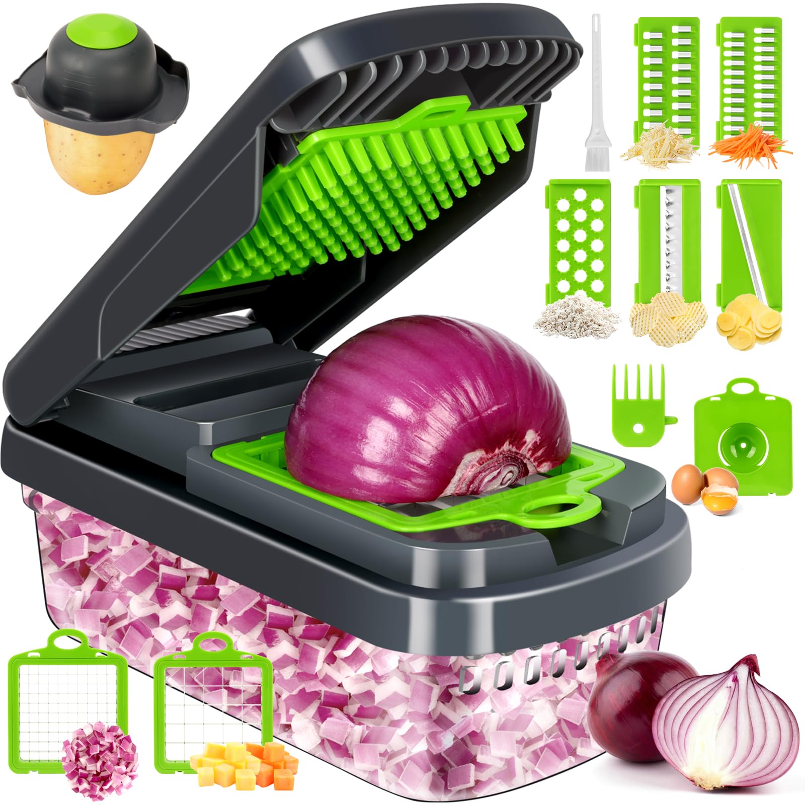 Yusshn Vegetable Chopper,12-in-1 Multifunctional Food Chopper,Professional Onion Chopper with 7 Blades,Vegetable Cutter with Container for Salad,Potato,Carrot,and Garlic; Essential Kitchen Tool(Grey)