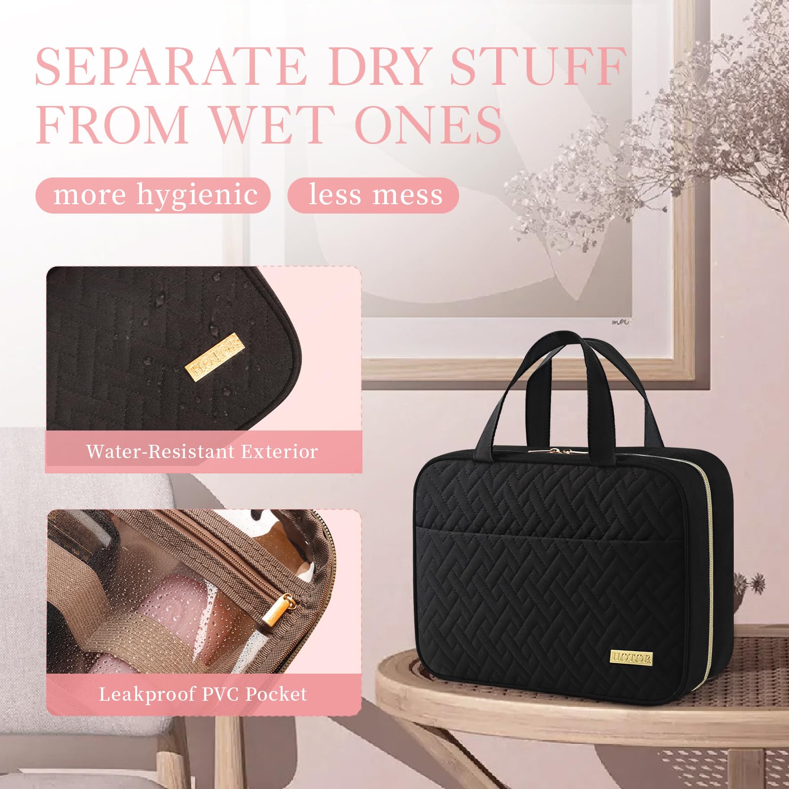 HOTOR Travel Toiletry Bag w/Hanging Hook - Spacious Toiletry Bag Essentials for Women & Men, Makeup Bag/Big Comparment, Waterproof for Travel Accessories, Medium, Black