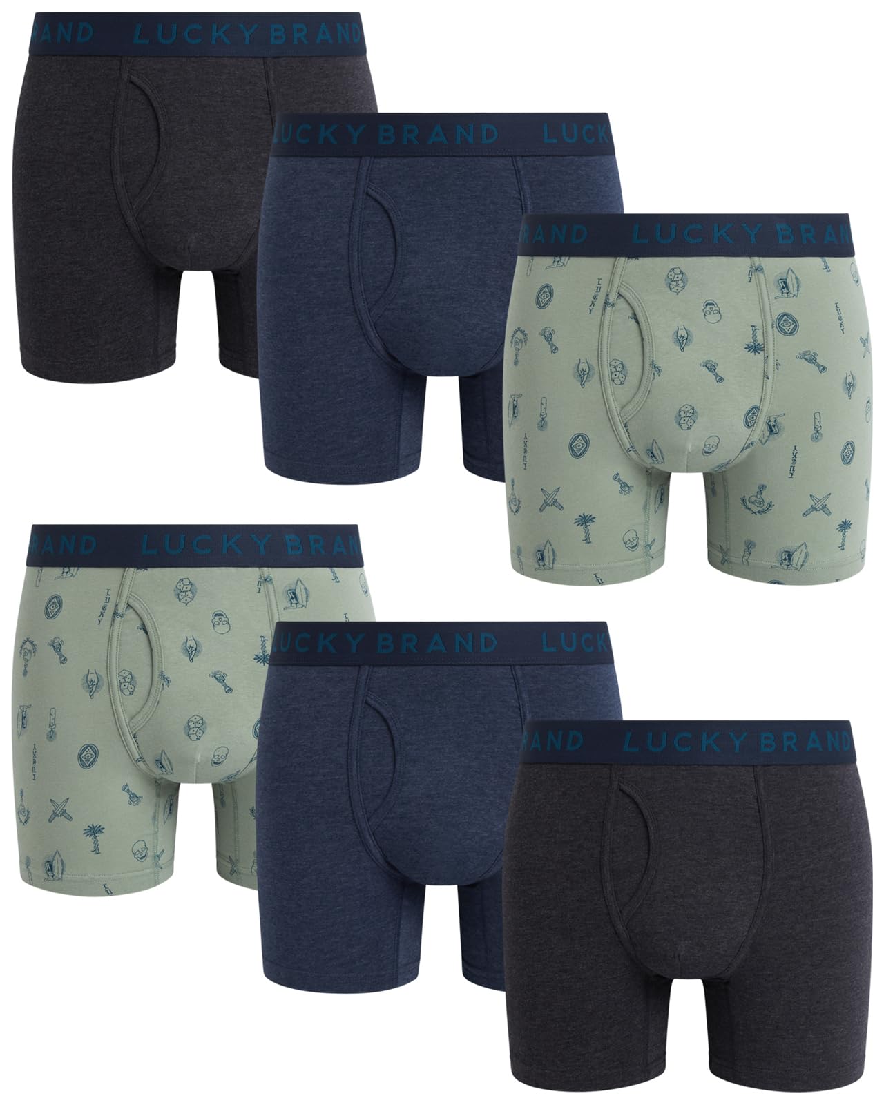 Lucky Brand Mens Boxer Briefs - 6 Pack Soft Stretch Mens Underwear with Functional Fly Pouch Boxers for Men (Sizes: S-2XL), Size Large, Indigo/Light Green/Charcoal Grey