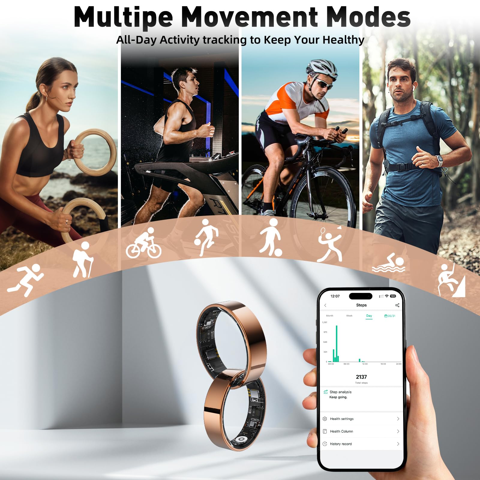 SARUNN ER Smart Ring with Sleep Monitoring, Step Counting, Heart Rate, Blood Oxygen, Blood Pressure for iPhone and Android, No Subscription Fee, IP68 Waterproof Health Tracker (Rose Gold, 10)