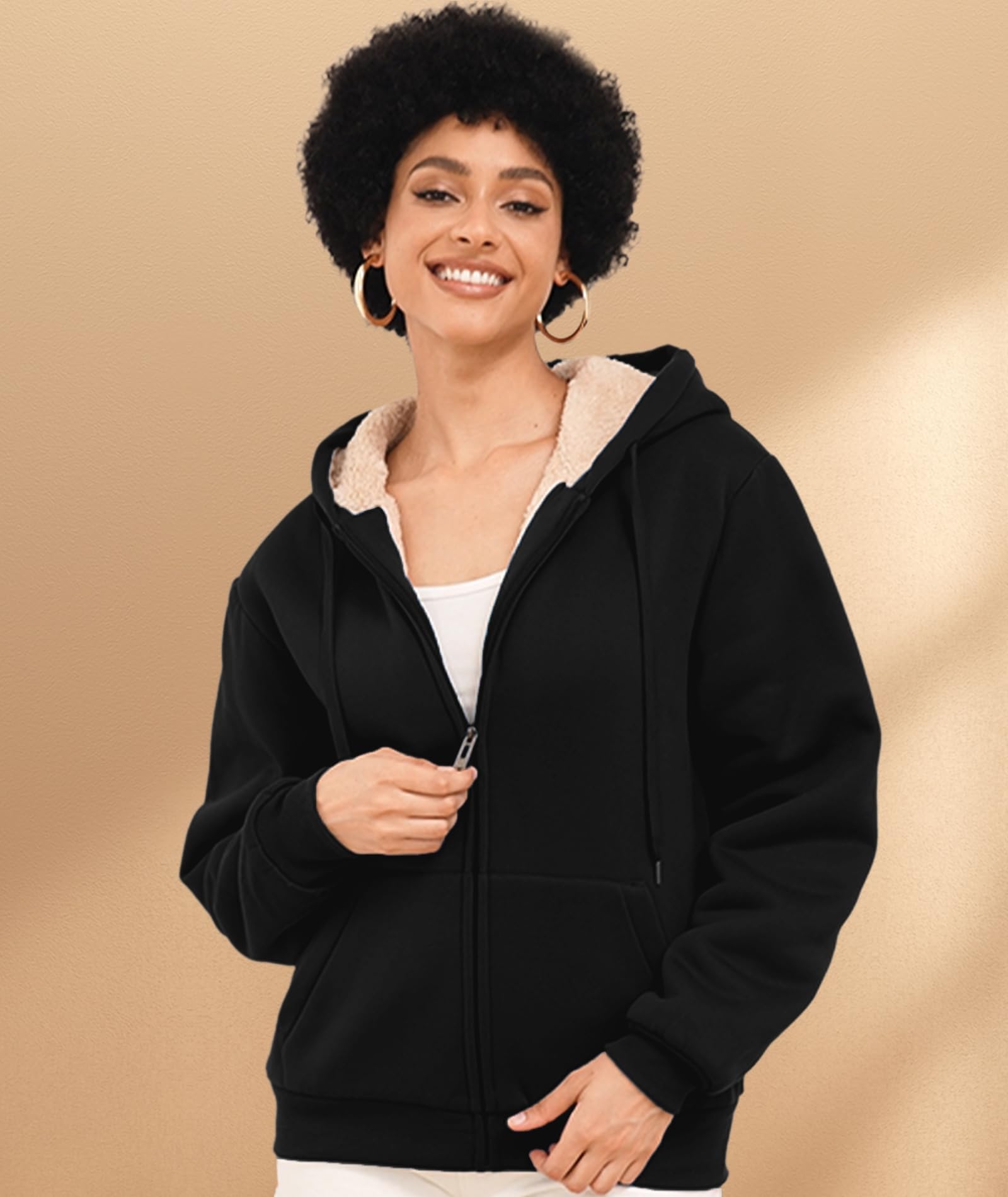 SWISSWELL Hoodies for Women Winter Fleece Sweatshirt - Full Zip Up Thick Sherpa Lined Hooded Jacket Black Medium