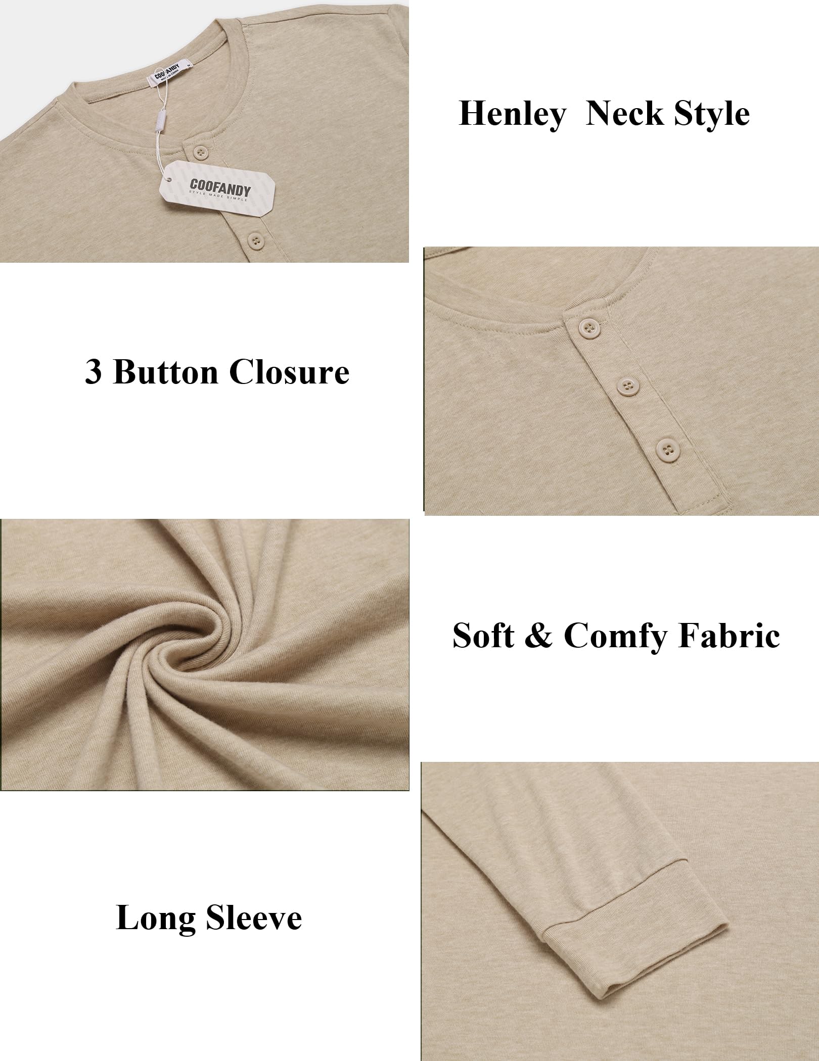 COOFANDY Men's Henley Shirts Long Sleeve Basic Pullover Shirt Lightweight Casual Button T-Shirts Heather Khaki