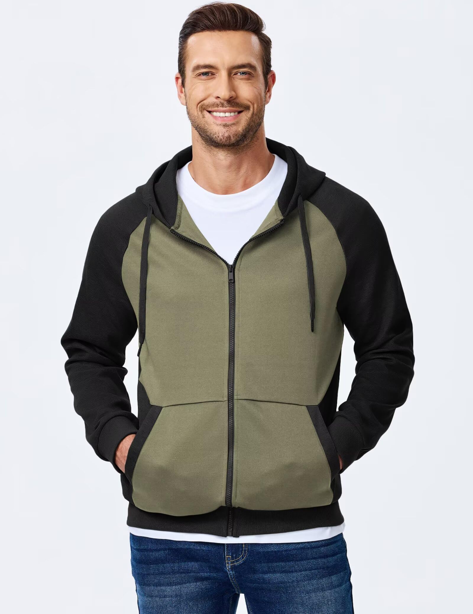 Dokotoo Men Mens Full Zip Hoodie Casual Long Sleeve Drawstring Zipper Hoodies Fall Winter Jackets Coats Color Block Lightweight Comfort Fashion Sweatshirts With Pocket Green X-Large