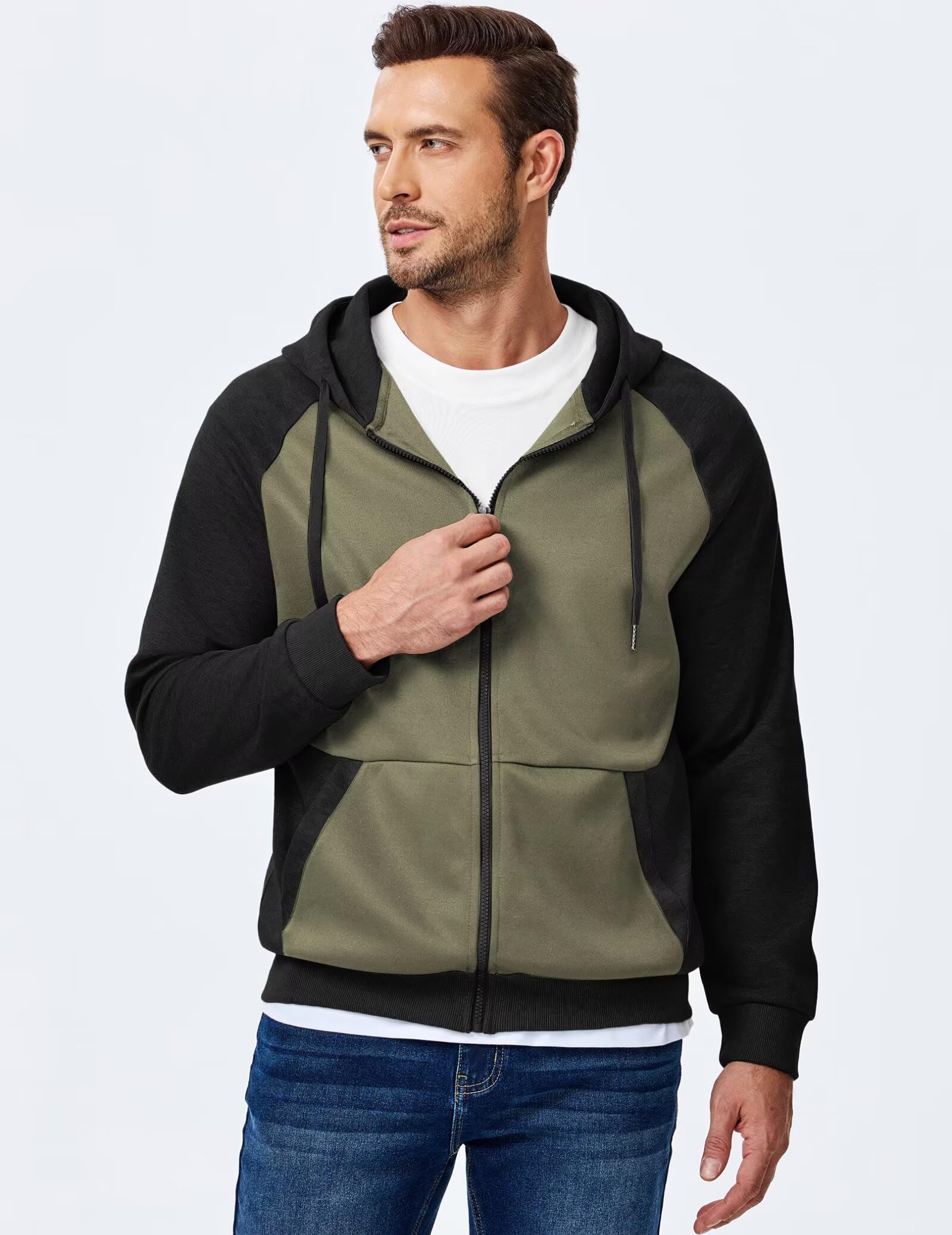 Dokotoo Men Mens Full Zip Hoodie Casual Long Sleeve Drawstring Zipper Hoodies Fall Winter Jackets Coats Color Block Lightweight Comfort Fashion Sweatshirts With Pocket Green X-Large