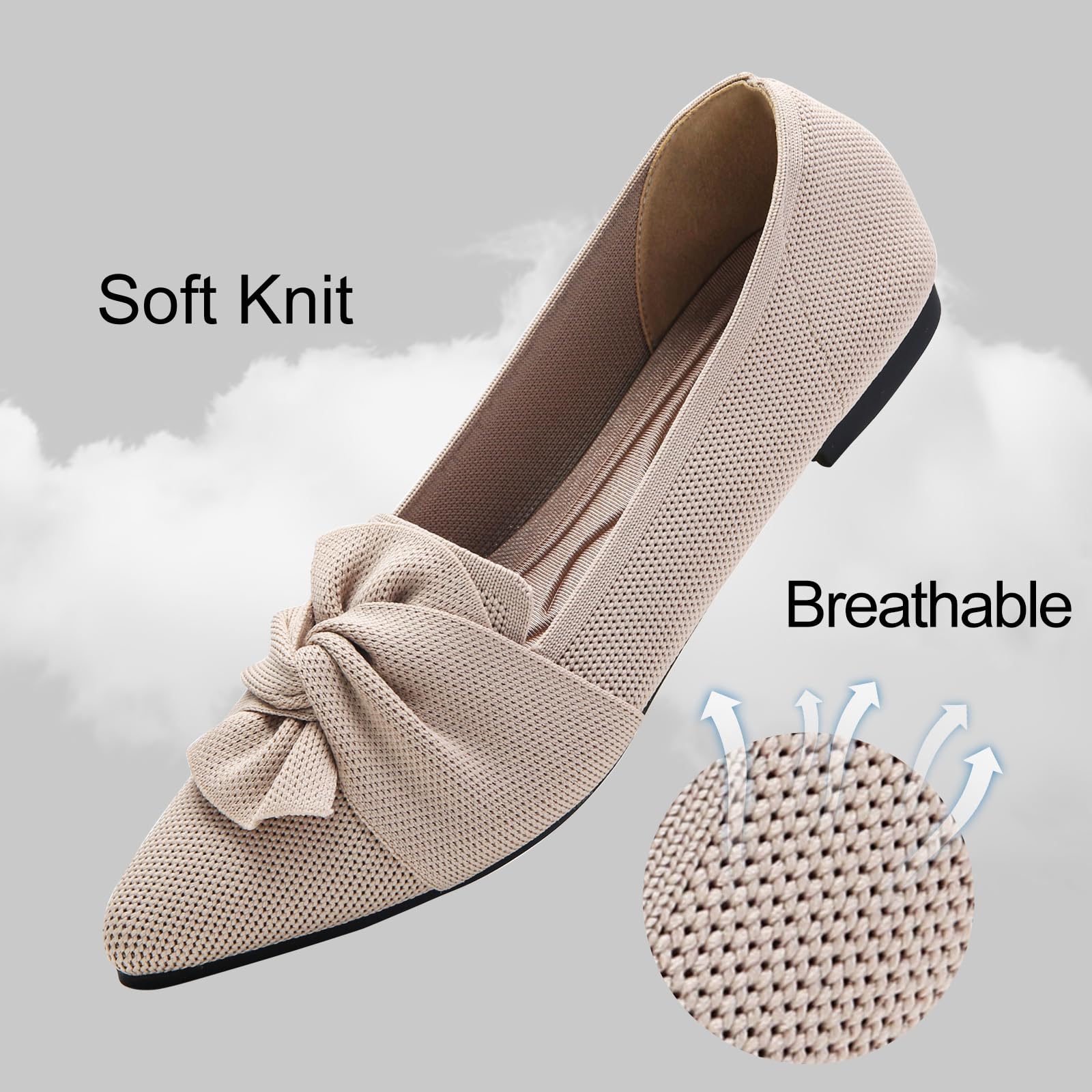 HIULYCENCE Flats for Women Pointed Toe Ballet Flats with Bow Comfortable Knit Dressy Flats Nude US9