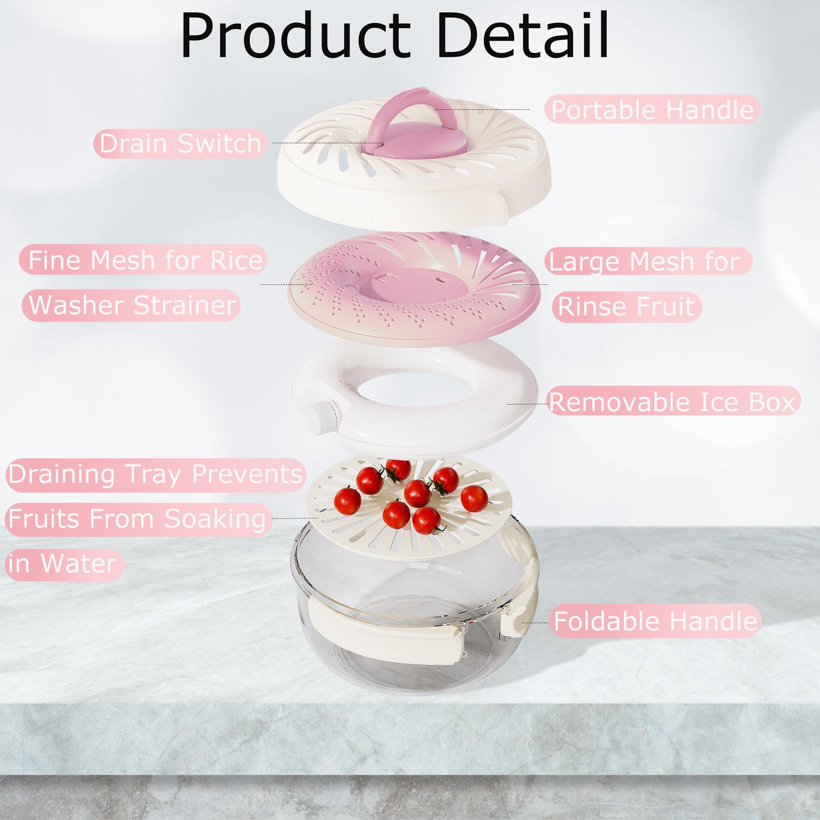 Portable Berry Basket with Strainer and Lid, Collapsible Handle Berry Containers for Fridge, Small Fruit Bowl for Berries, Grapes, Cherries, Rice Washer and Strainer 6.1inch (Pink)