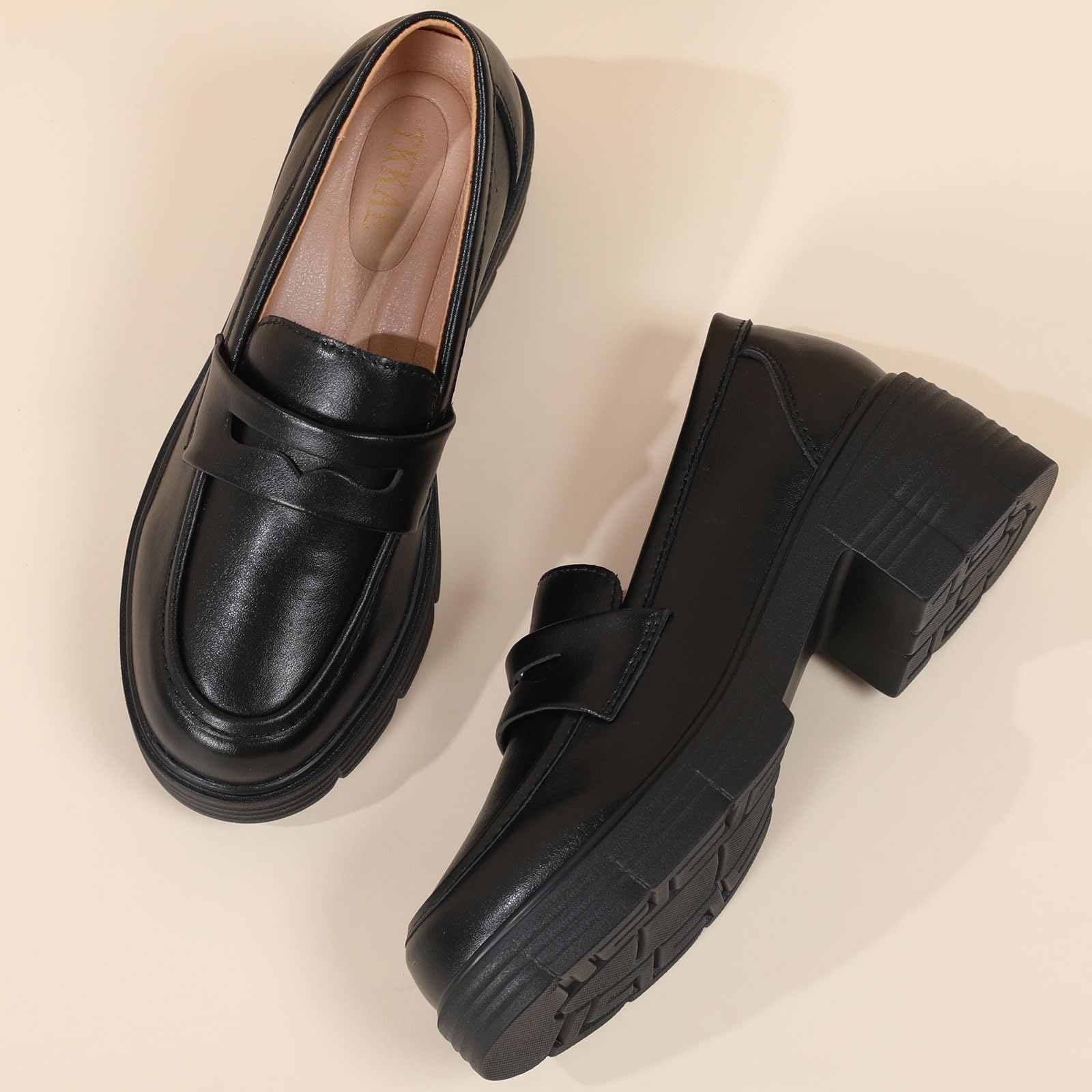 TKKAE Loafers for Women Women's Penny Platform Chunky Loafers Slip-Ons Comfortable Business Casual Dress Office Work Shoes for Ladies,Black Leather,6