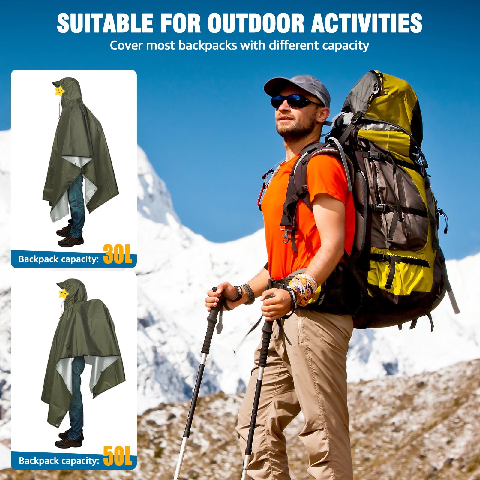 ANYOO Hooded Rain Poncho for Adults Waterproof Lightweight Rain Coats for Men Women Reusable Rain Jacket for Emergency Camping Outdoor Activities(Army Green) One Size