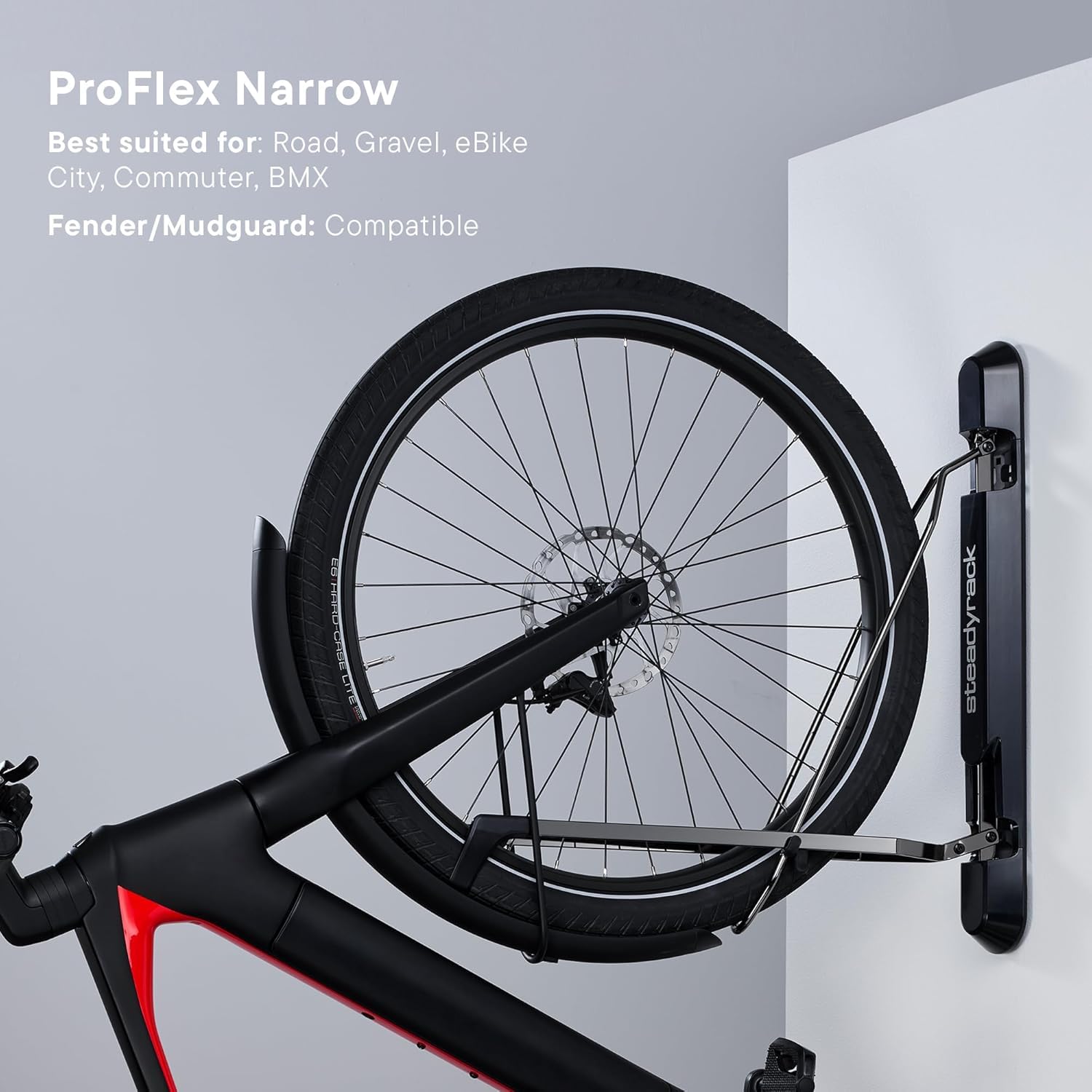 Steadyrack ProFlex Narrow Bike Rack - Vertical Wall Mount Bike Storage for Home - Roll-In Roll-Out System - Space-Saving Pivot - Fits Road, BMX, Gravel, Fender and More - Includes GearMate SteadySpine