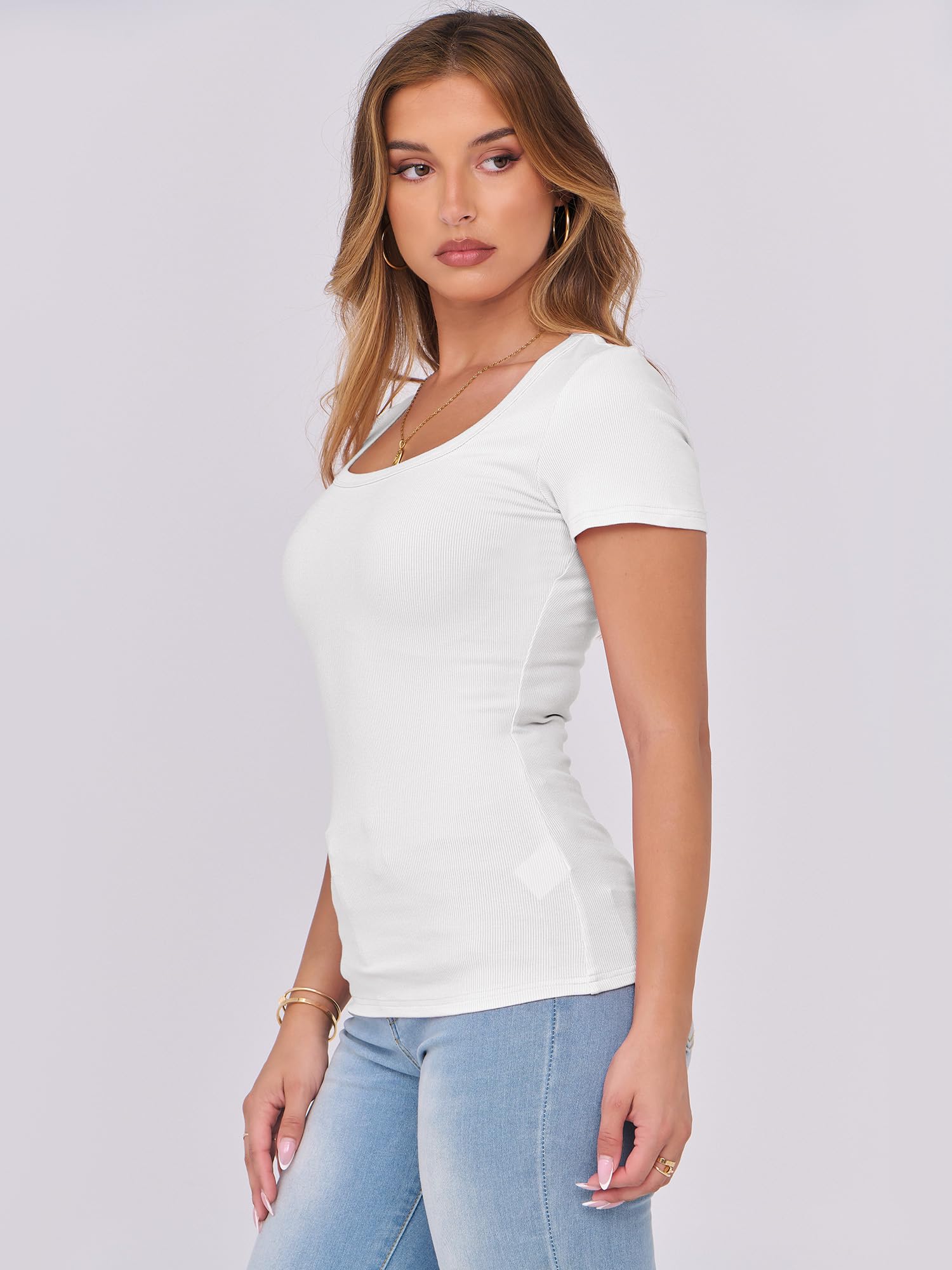 ANRABESS Women Short Sleeve Tops Scoop Neck Ribbed Knit Slim Fitted Basic Tee Shirts Casual Summer Clothes 2025 Fall Outfits White Large