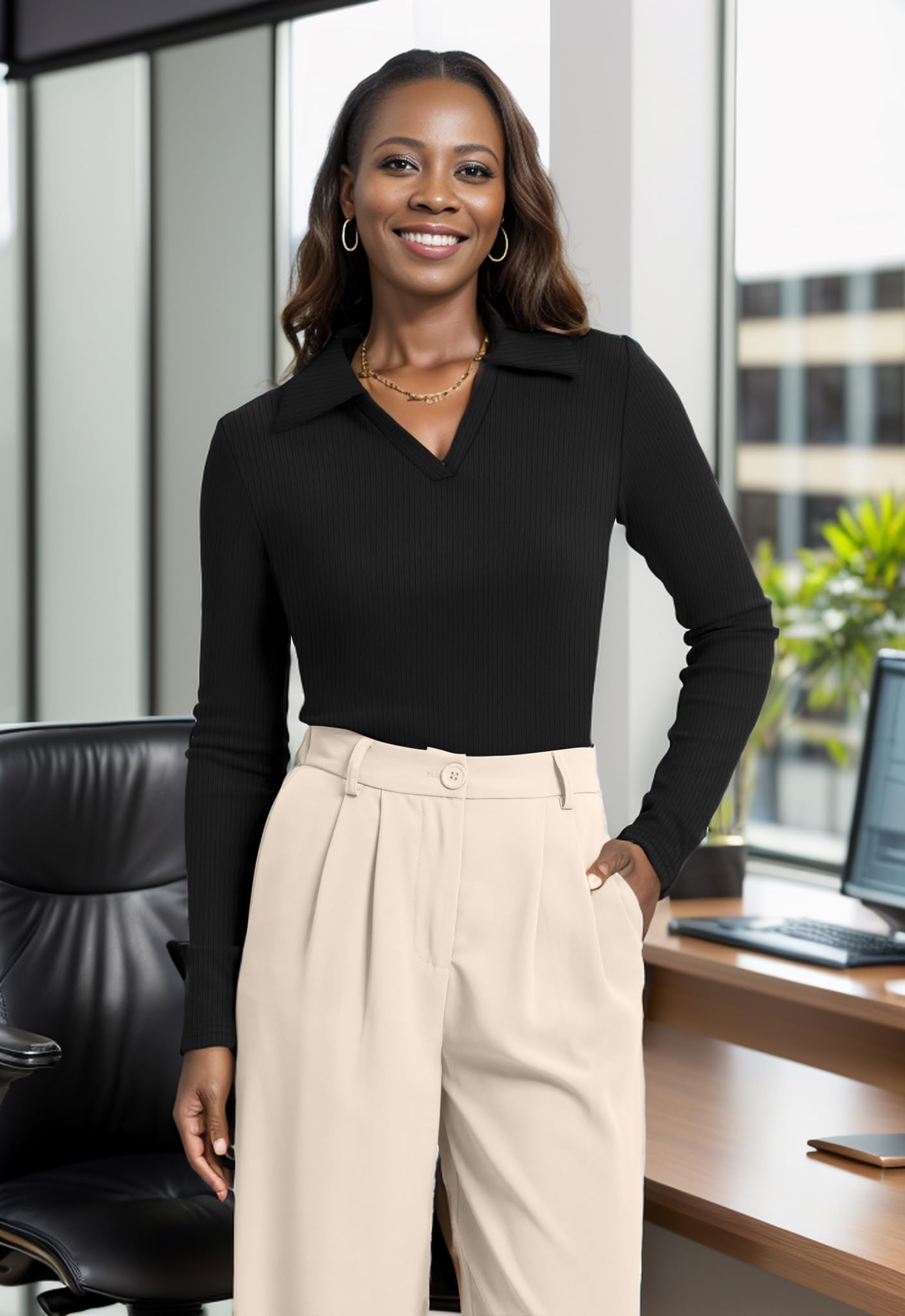 WIHOLL Business Casual Tops for Women Long Sleeves Work Blouses Dress Shirts Slim Fit Women's Clothing Fall Black S