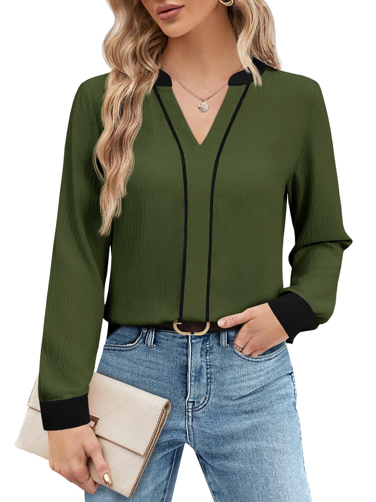 Tankaneo Womens Business Casual Tops 2025 V Neck Blouses Long Sleeve Fall Loose Work Shirts Army Green