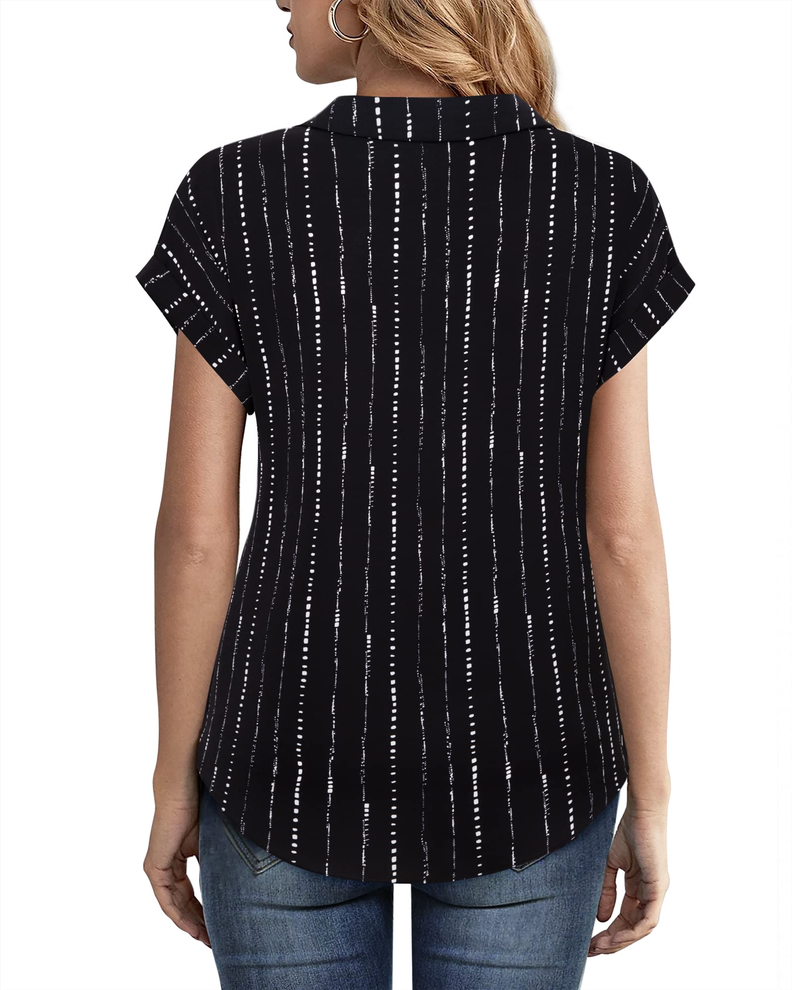 Timeson Summer Tops for Women: Short Sleeve - Black Blouses for Women Ladies Dress Shirts V Neck Chiffon Business Casual Tops Work Attire Office No Iron Professional Interview Outfits Black Stripe L