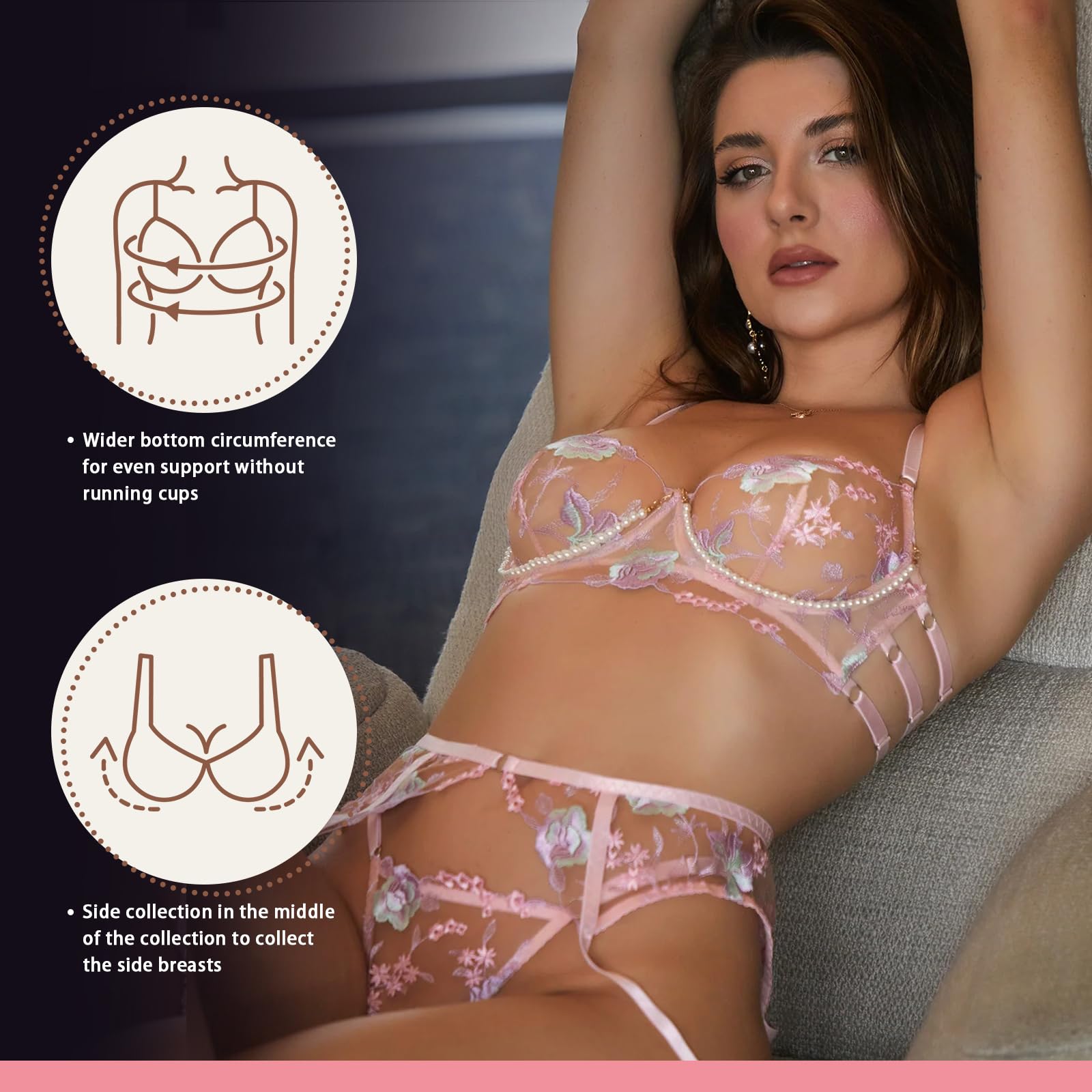 HELLOLAGIRL Lingerie Sets For Women Sexy, Pink Floral Embroidery Pearl Chain Lingerie Set