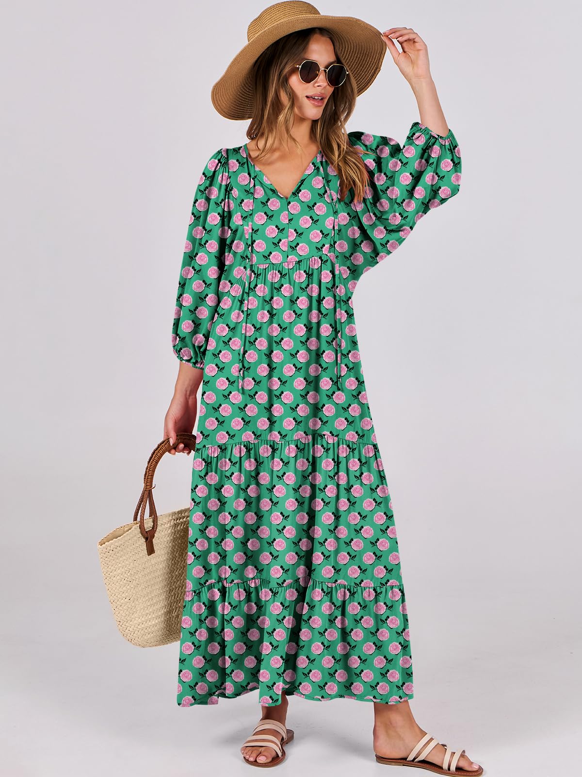 ANRABESS Womens Boho Maxi Dresses 2025 Summer V Neck Puff Sleeve Floral Flowy Swing Fall Casual Long Dress Green Small