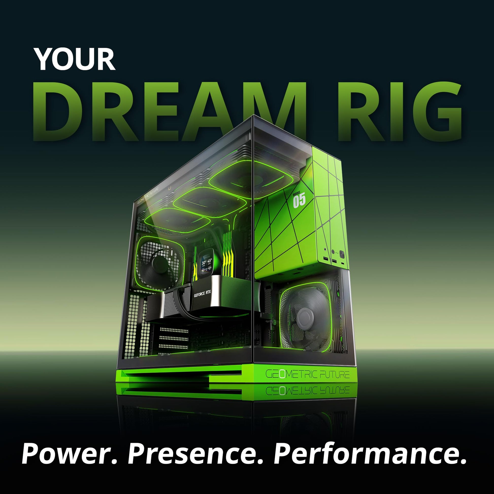 Geometric Future M5 Tempered Glass Mid Tower, E-ATX/ATX Gaming Case, 1.2mm Steel, Type C, Toolless Panels, Support 420/360 Radiator, ARGB PWM 140m Fan x 5 Pre-Installed, Black/Green, GEO-M5F-BNY