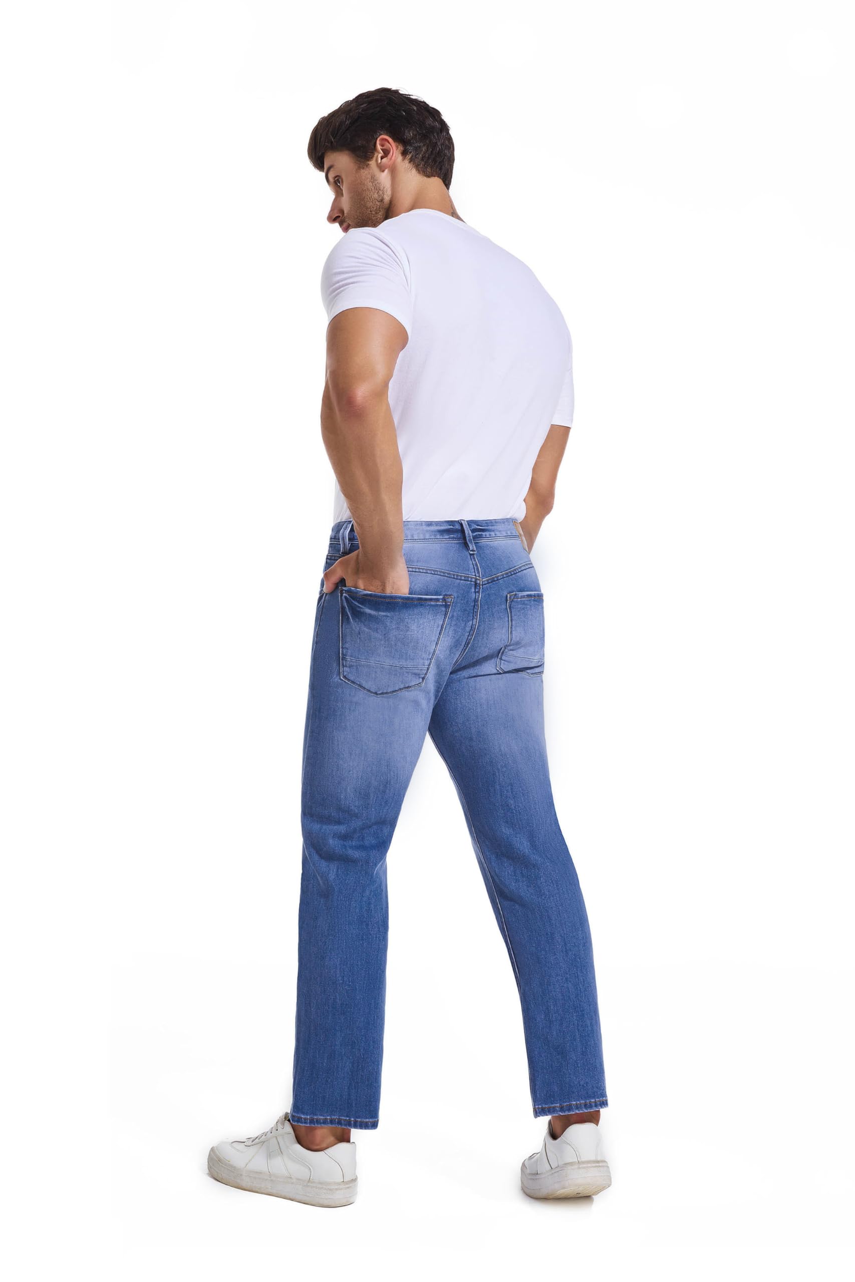 AbleTree Jeans for Short Men 27" Original Straight Taper Fit Short Length Casual Stretch Denim Pants AT01 Medium Blue