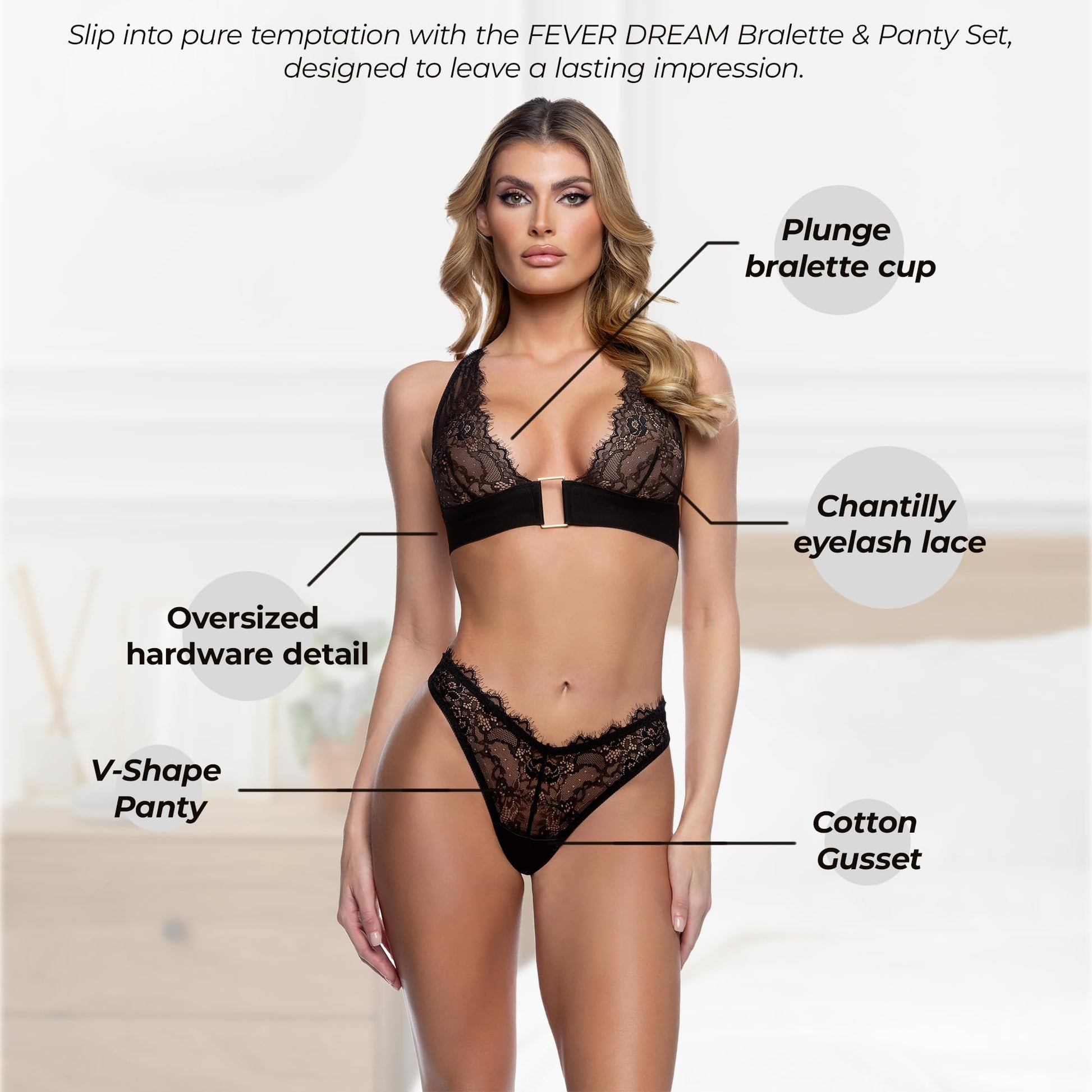 Bra and Panty Sets for Women: Roma Confidential Fever Dream 2 Piece Lace Bralette and Panty in Chantilly Eyelash Lace – Matching Deep Plunge Bra & V-Shape Thong Underwear Sexy Lingerie Set for Women