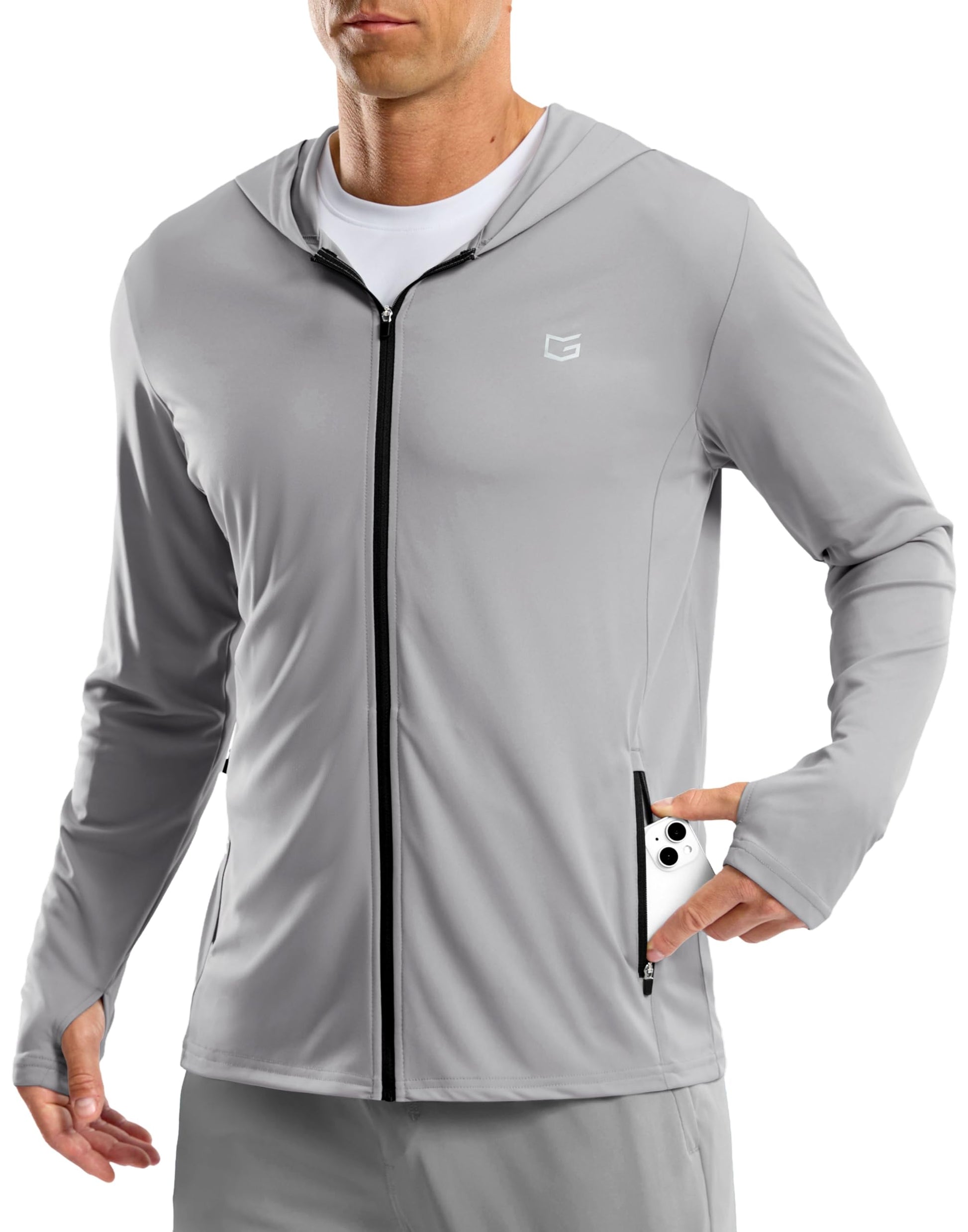 Men's UPF 50+ Sun Protection Hoodie Jacket Lightweight Full Zip Hoodies Long Sleeve Shirts for Men Hiking Fishing(Light Grey,XL)