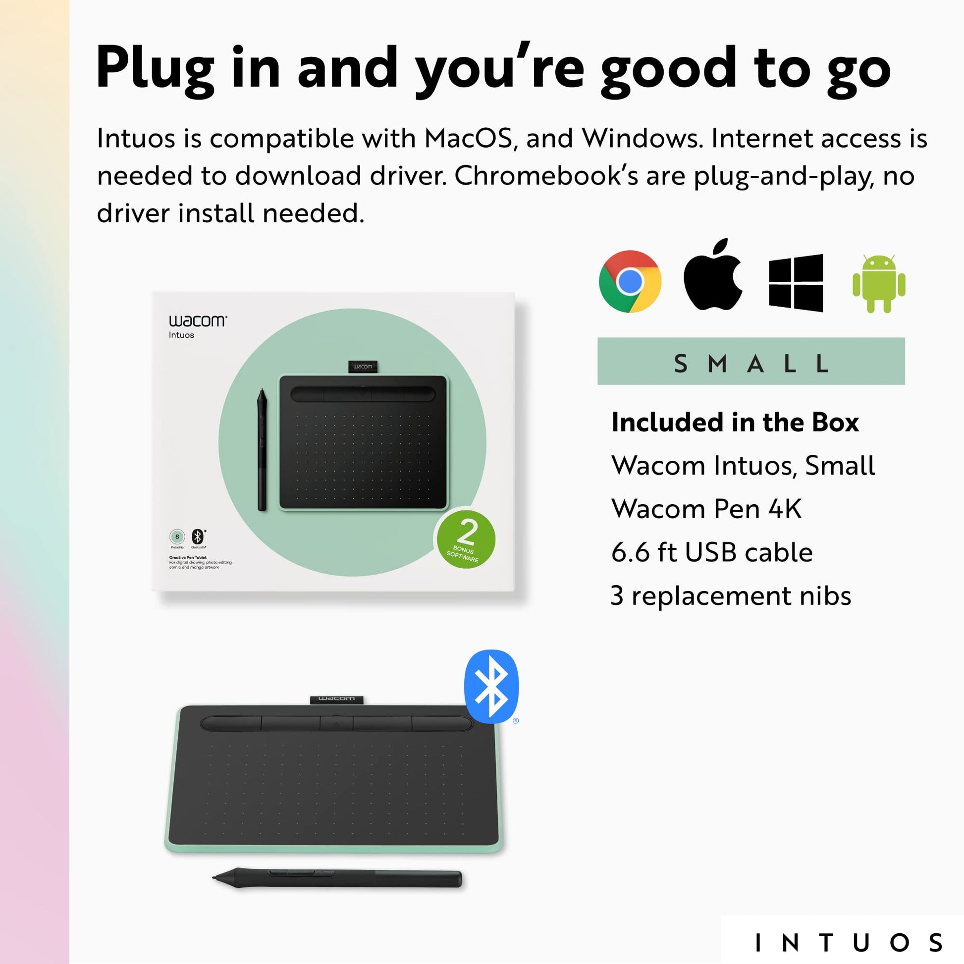 Wacom Intuos Small Bluetooth Graphics Drawing Tablet, Portable for Teachers, Students and Creators, 4 Customizable ExpressKeys, Compatible with Chromebook Mac OS Android and Windows - Pistachio