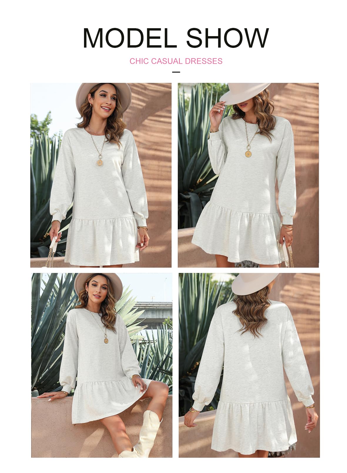 BLENCOT Mini Dress for Women 2025 Fall Winter Cute Patchwork Long Sleeve Ruffled Crewneck Sweatshirt Dresses Casual Sport Pullover Tops White Small