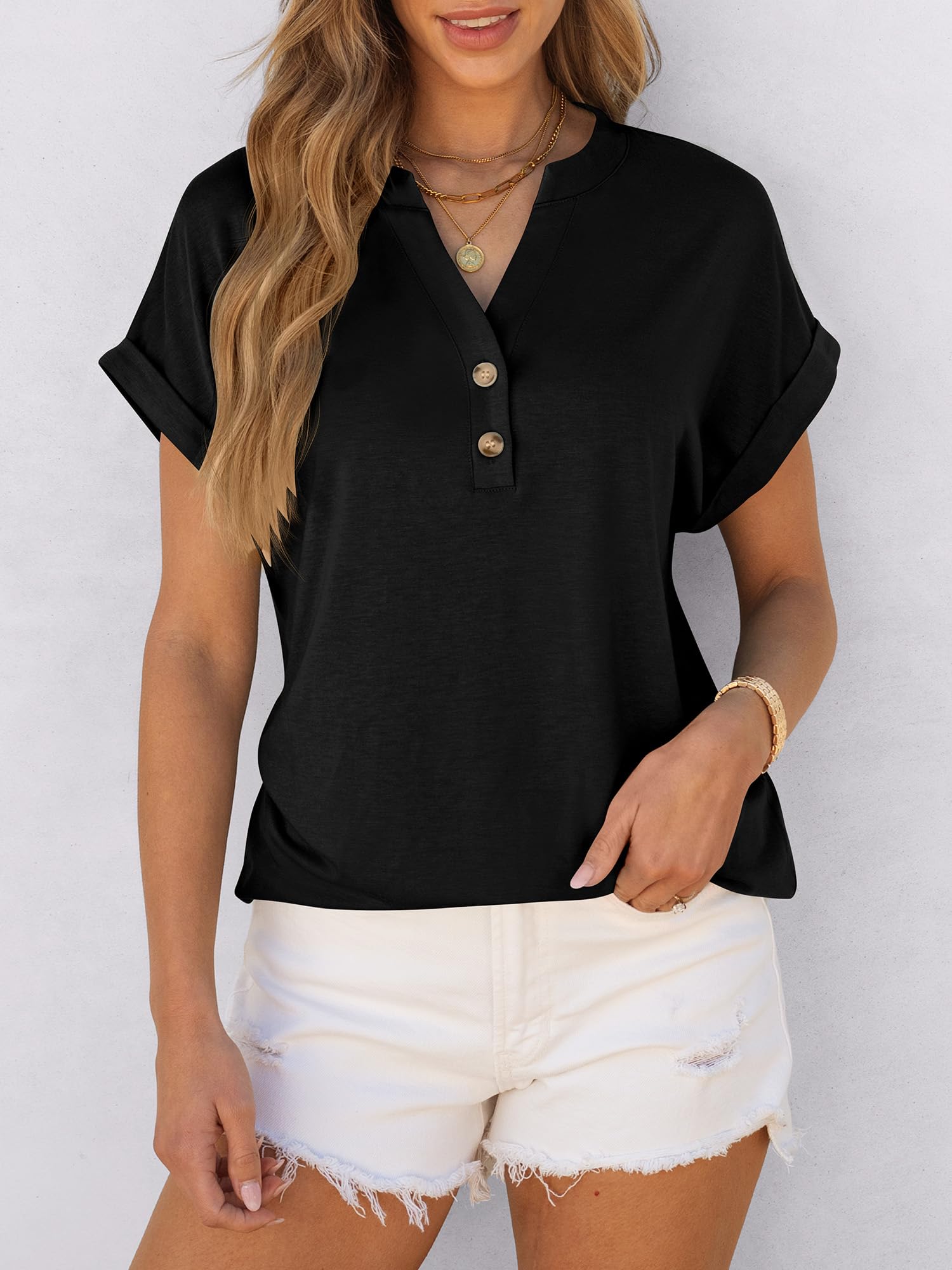 ANRABESS Womens Short Sleeve Henley Tops V Neck Dressy Casual Blouses Summer Trendy Tee Shirts 2025 Vacation Fashion Clothes Black L