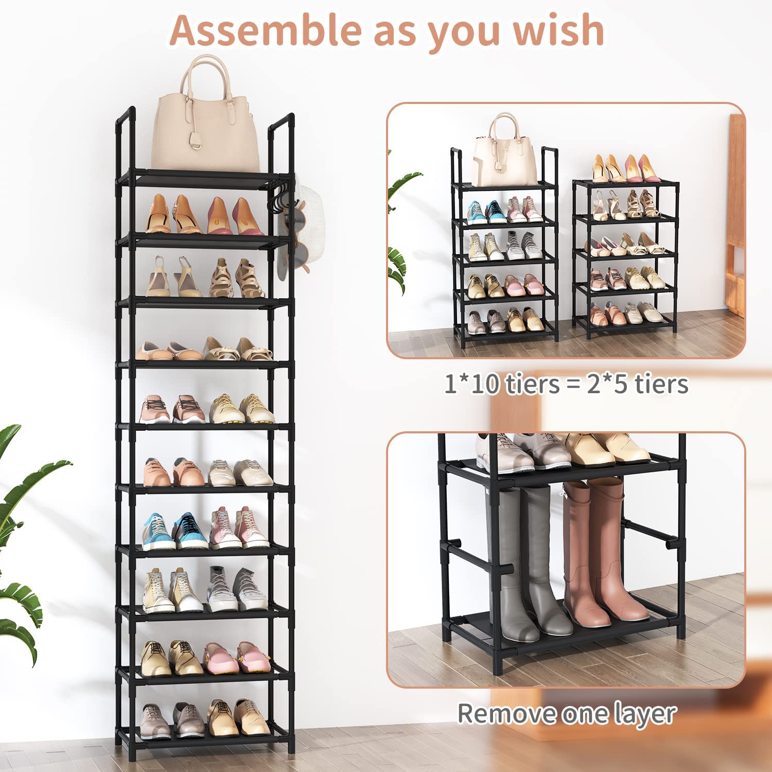 LANTEFUL 10 Tiers Tall Shoe Rack 20-25 Pairs Boots Organizer Storage Sturdy Narrow Shoe Shelf for Entryway, Closets with Hooks, Black