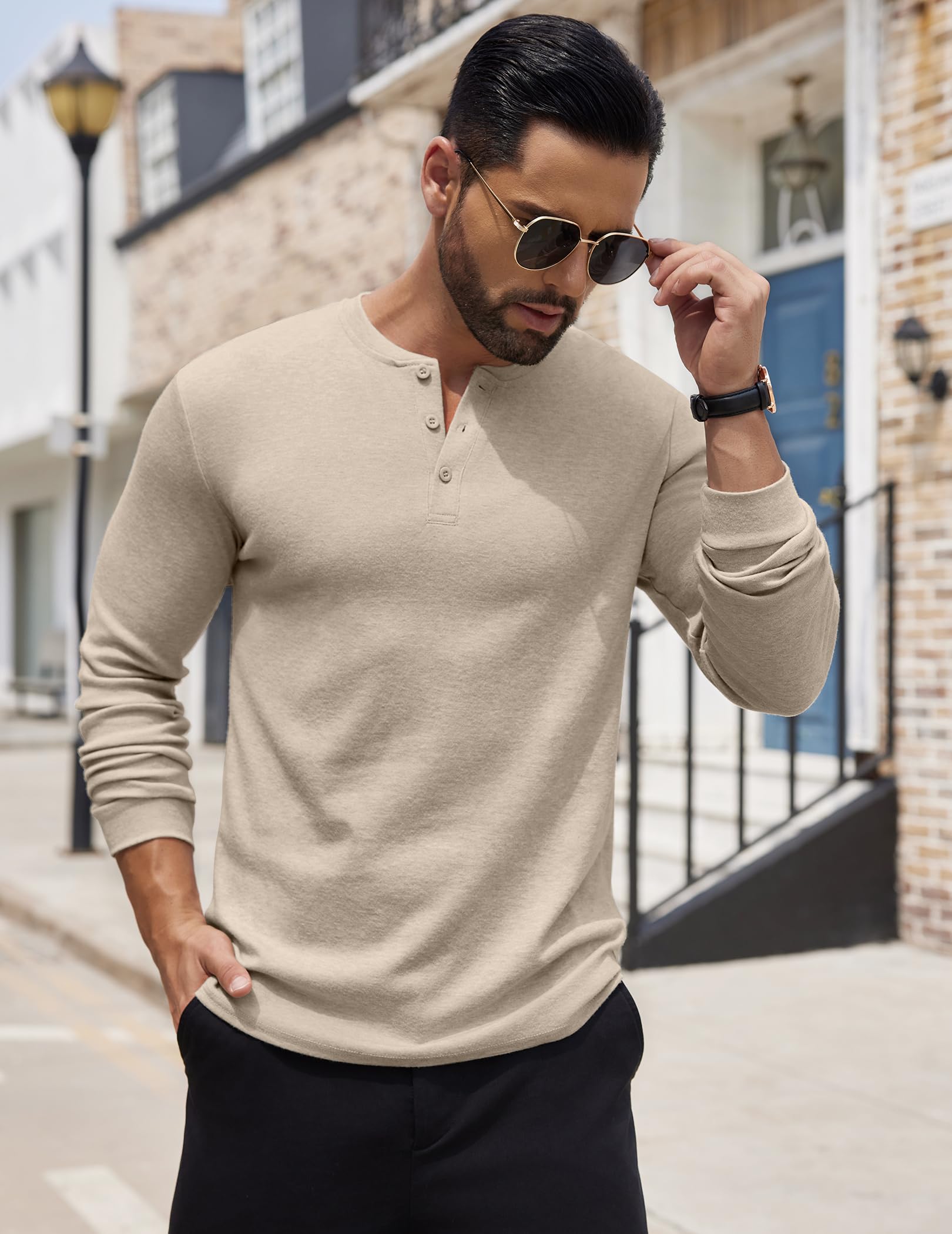 COOFANDY Men's Henley Shirts Long Sleeve Basic Pullover Shirt Lightweight Casual Button T-Shirts Heather Khaki