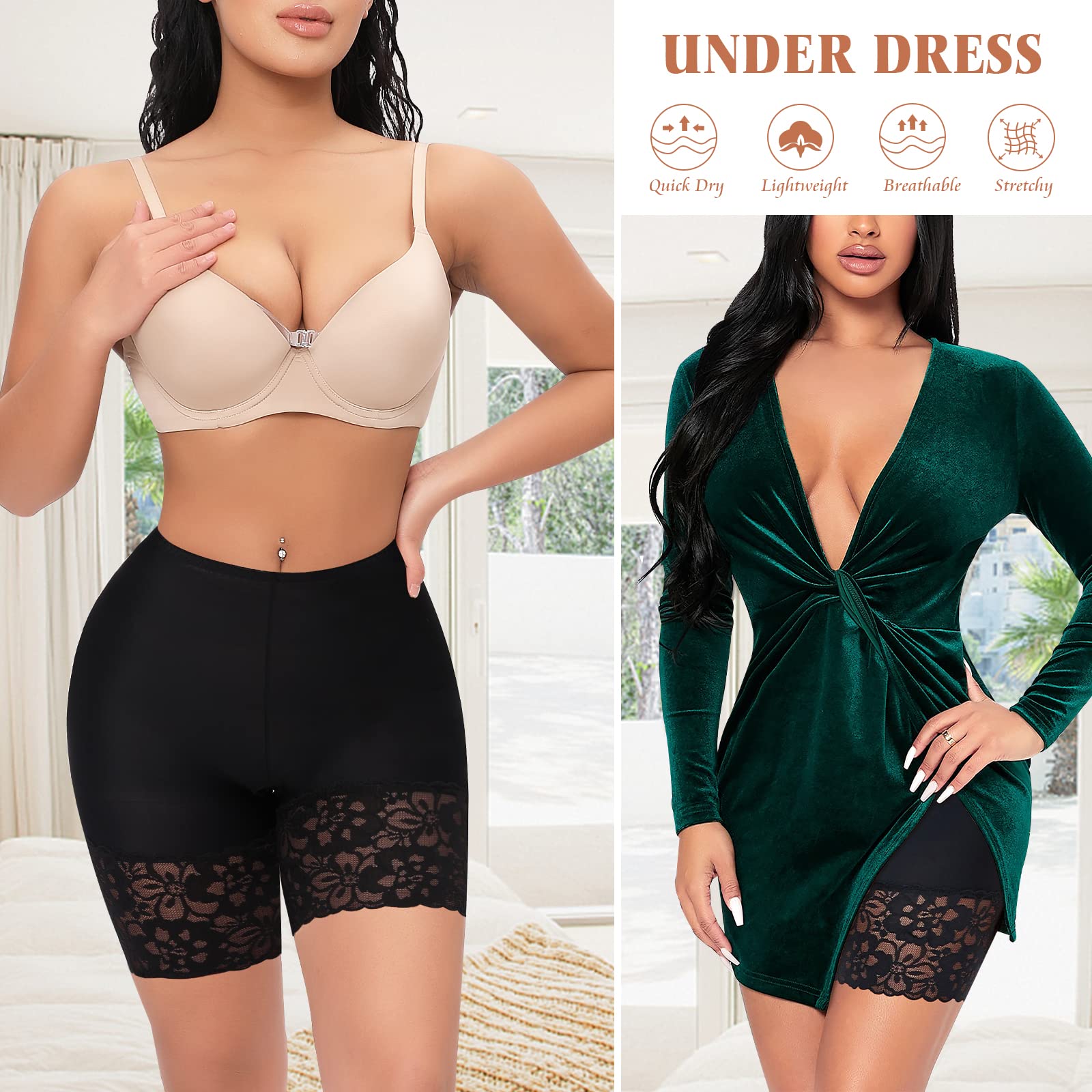 Slip Shorts for Under Dresses Women Anti Chafing Underwear Seamless Boyshorts Panties Lace Under Shorts (#1 Black,Medium)