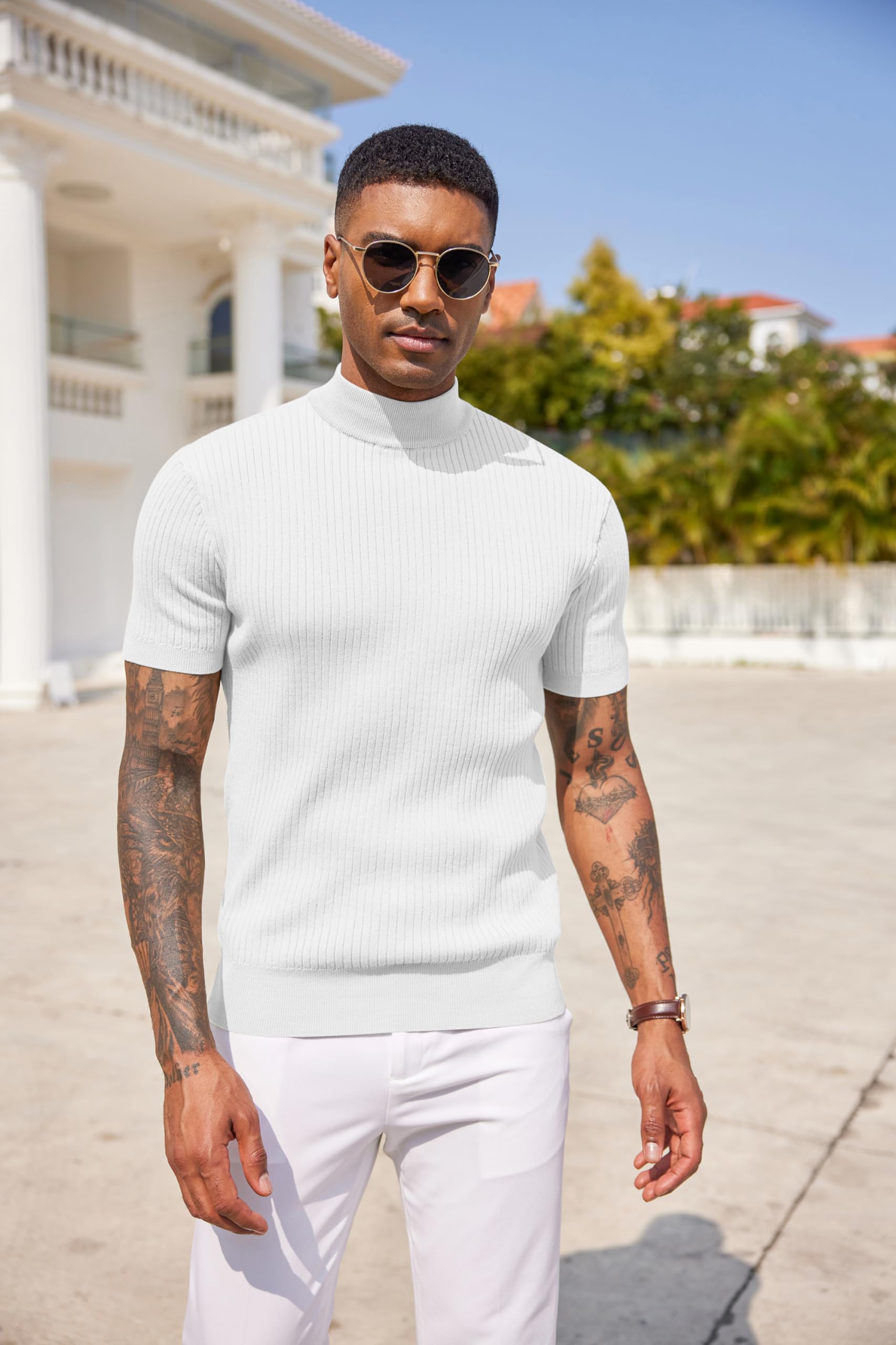 COOFANDY Men's Mock Turtleneck Knit Sweater Short Sleeve Pullover Casual Basic Tops Solid Tee White Sweater