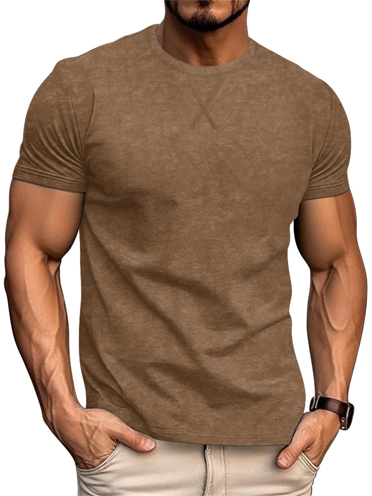 LOGEEYAR Men's Athletic Washed T-Shirts Basic Crew Neck Tees Tops Casual Distressed Cotton T Shirts for Men Coffee