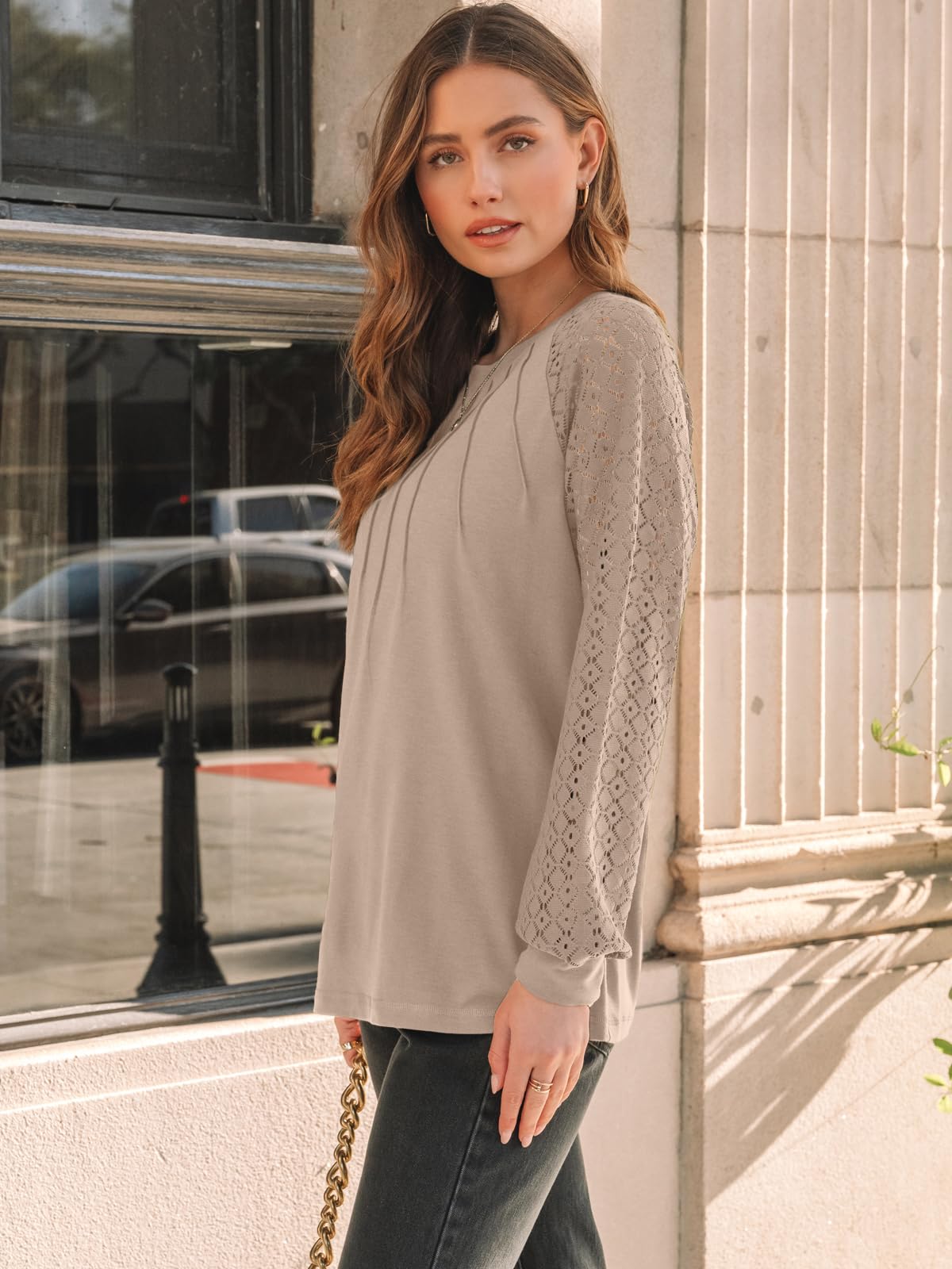 AUTOMET Womens Long Sleeve Shirts Lace Tops Business Casual Blouses 2025 Fall Fashion Teacher Outfits Trendy Clothes Knit T Y2k Ladies Dressy Work Professional Clothing Khaki L