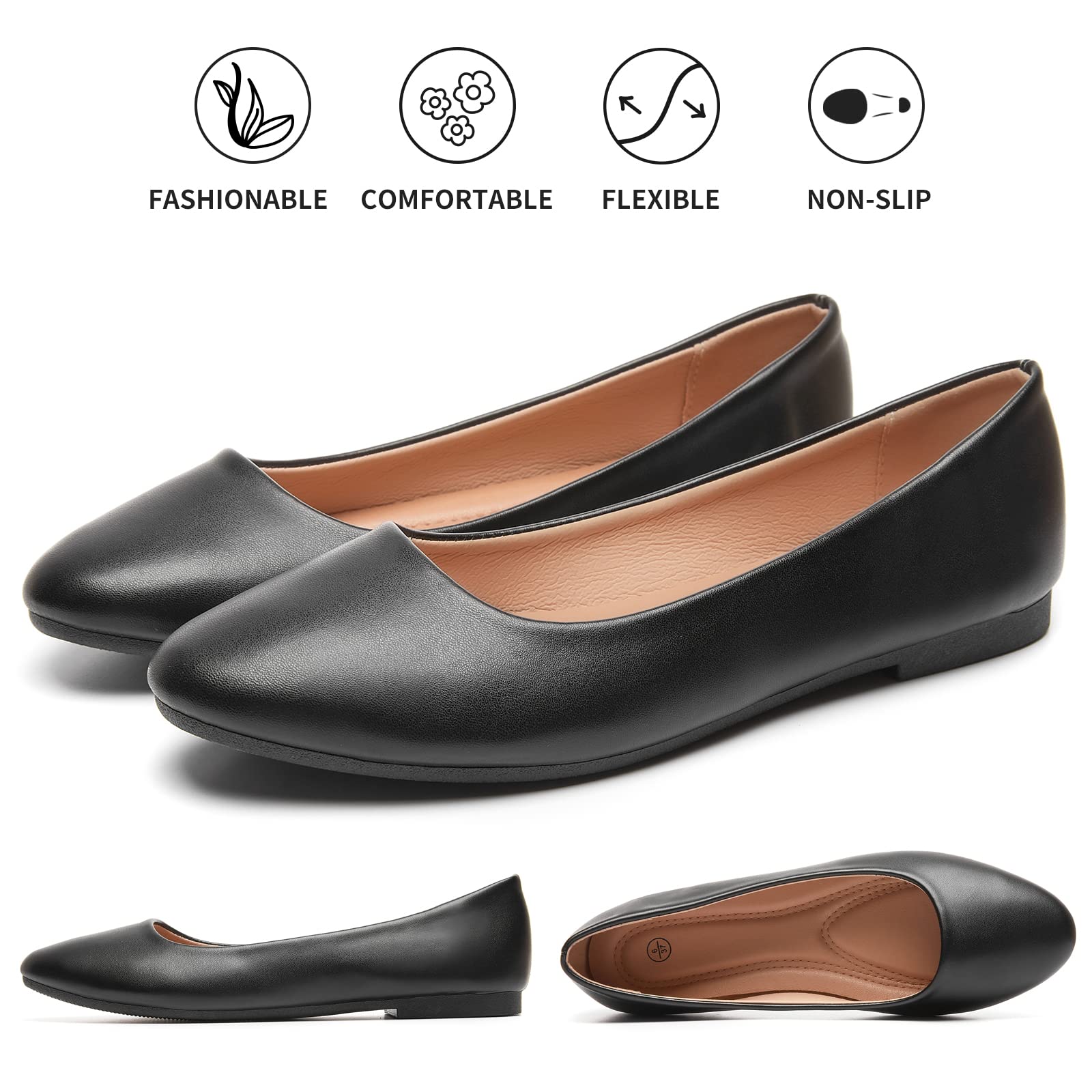 hash bubbie Women's Flats Shoes Ballet Flats Dress Shoes Comfortable PU Leather Slip on Shoes for Women(Black .US8)