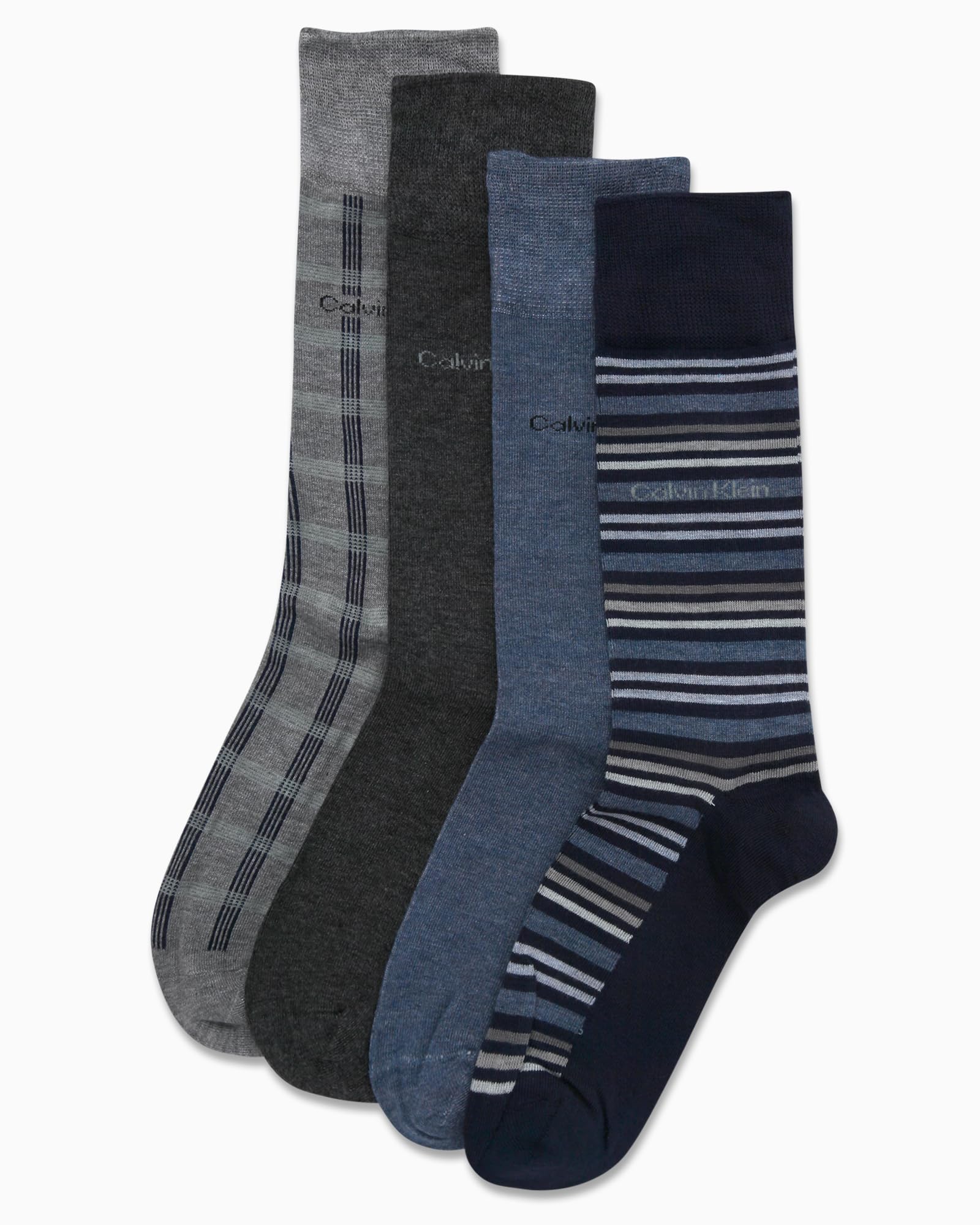 Calvin Klein Men's Dress Socks - 4 Pack Soft Cotton Blend, Striped Crew Socks - Casual Long Work Socks for Men (Sizes: 7-12), Size 7-12, Navy Assorted