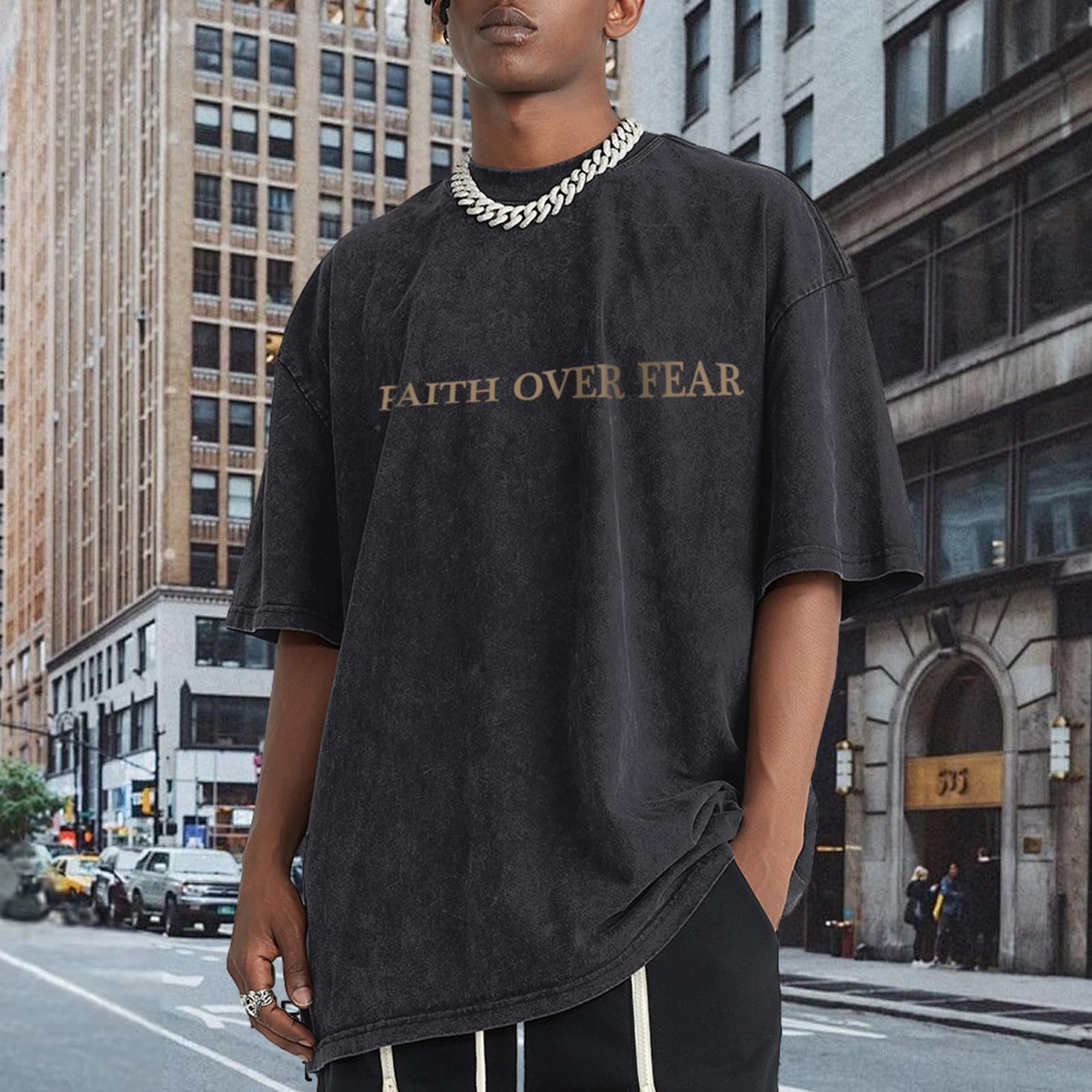 Weetiotio Christian Faith Over Fear Shirt for Men Jesus Religious Shirts Oversized Graphic Tees Acid Wash God T-Shirt(Black,M)
